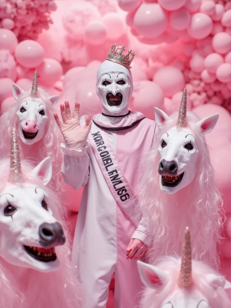 Art the Clown winning a beauty pageant, proudly wearing a glittery tiara and waving while surrounded by smiling unicorns in a pastel pink paradise