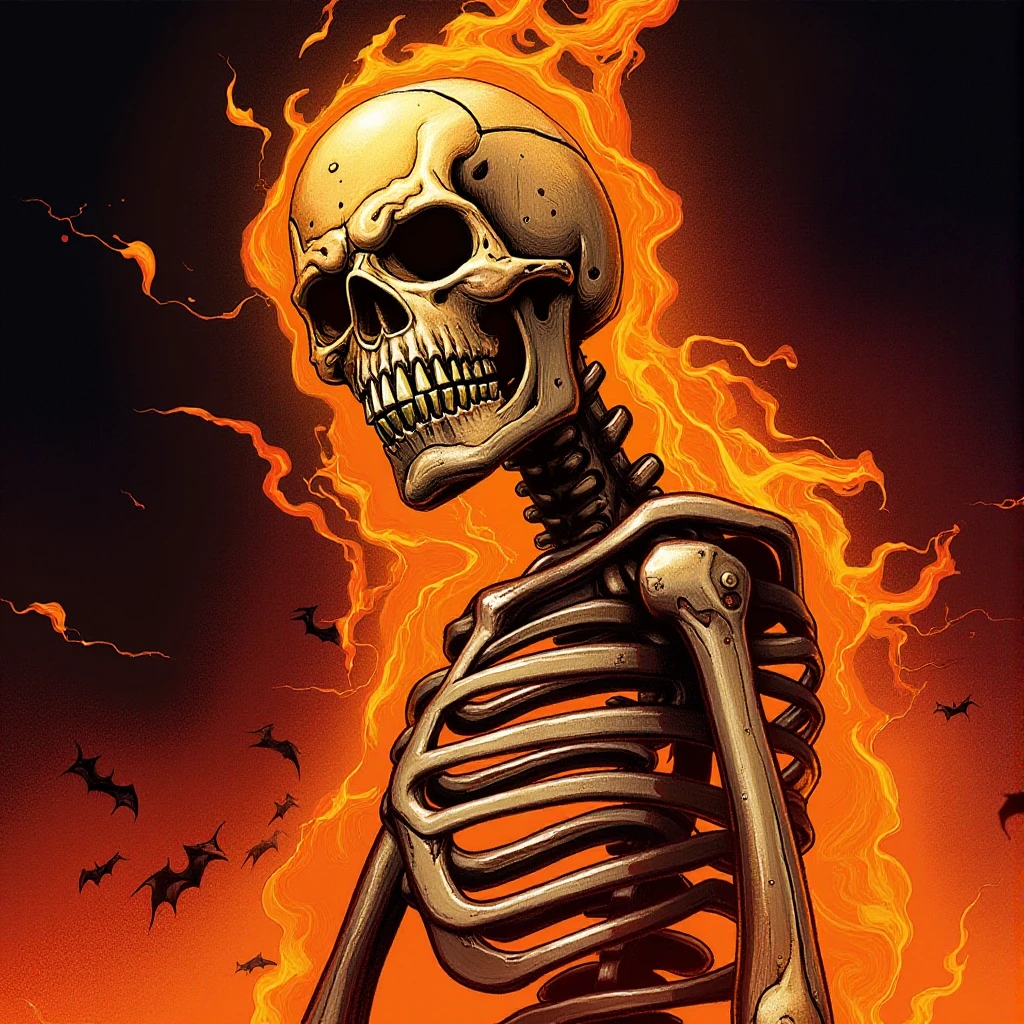 comic book art of  <lora:Halloween style v1:0.7>
 digital painting of a metal skeleton with flames In Halloween style, comic art, graphic novel illustration