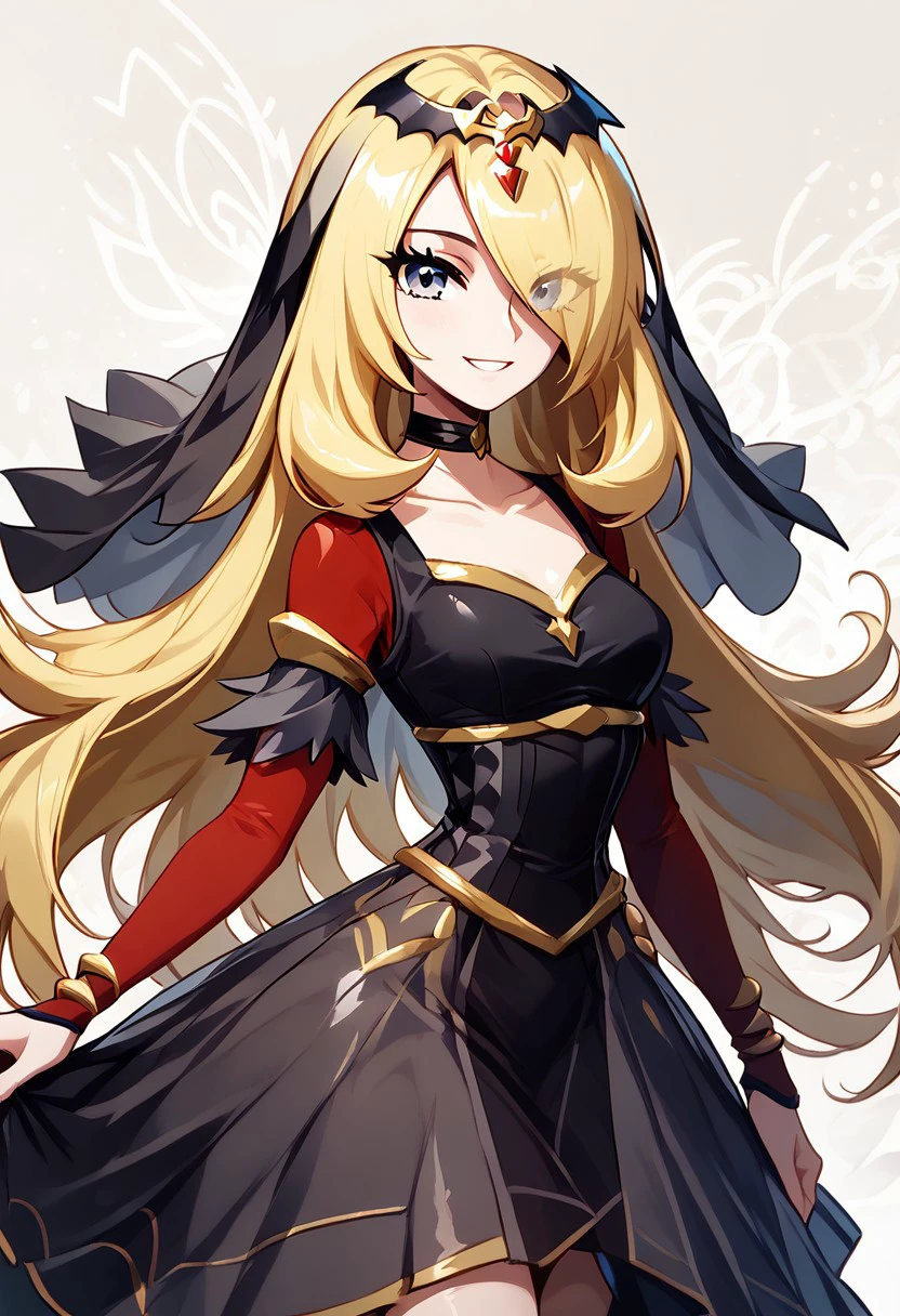 score_9, score_8_up, score_8, medium breasts, (curvy), cute, eyelashes,       BREAK, , 
,,,
zzCynthiaRenegade, grey eyes, long hair, blonde hair, hair over one eye, hair ornament, official alternate costume,  black dress, black choker, veil, tiara, collarbone,  <lora:CynthiaRenegade_Pokemon_PDXL:1.0>,   
,,,
, BREAK, smile, looking at viewer, 
,,,
abstract background, white outline, cowboy shot, 
,,,
embedding:zPDXL, Expressiveh,