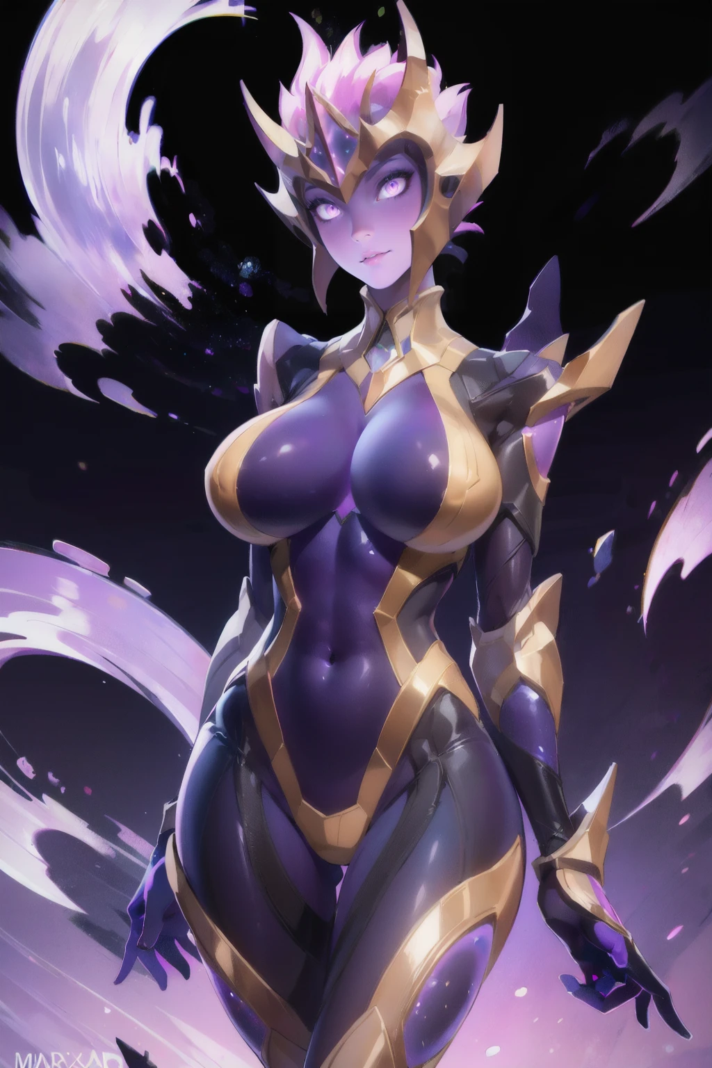 <lora:Amily_Cosmos_Astral_Walker_AoV_Model_LoRA:0.8>, Amily_CAW, 1girl, solo, purple hair, looking at viewer, purple eyes, glowing eyes, closed mouth, breasts, large breasts, armor, bodysuit, glowing, colored skin, purple skin, gloves, ((large hips, ass, big ass)), high heels, boots, galaxy, background galaxy, best quality, ultra high res, (photorealistic:1.4), masterpiece, real life skin, hyper real