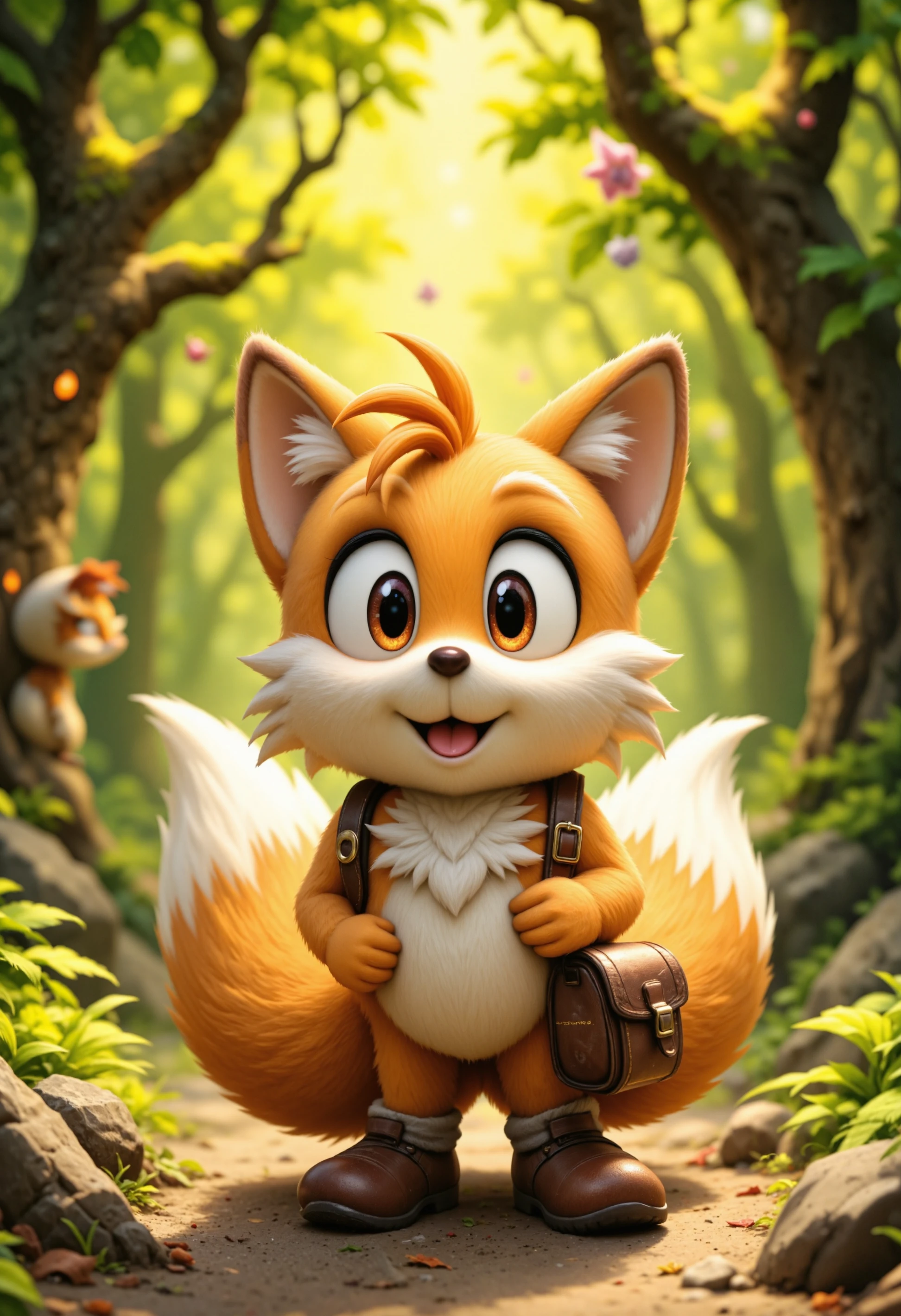 A close-up portrait of Tails from Sonic the Hedgehog, reimagined in the style of Studio Ghibli's My Neighbor Totoro. His fur is softer and more detailed, with expressive, wide eyes filled with curiosity. He's wearing a small, weathered satchel, and a gentle breeze ruffles his two tails. Behind him is a lush, green forest bathed in warm, golden sunlight, with tiny forest spirits peeking through the trees.
