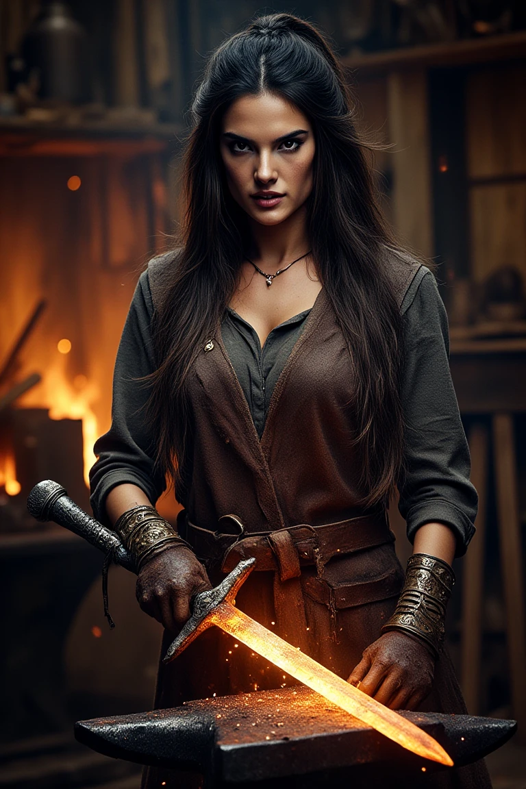 half-body portrait of a female blacksmith, in a fantasy setting.

long, braided dark hair, with strands framing her determined face, light makeup with soot-smudged cheeks, and strong, focused eyes.

wearing a leather apron over a simple tunic, rolled-up sleeves, and heavy gloves, with a rugged yet elegant vibe, a few iron tools hanging from her belt.

forging a glowing sword on an anvil, one hand gripping the hammer mid-swing, sparks flying from the heated metal, intense concentration on her face, surrounded by the glow of the forge and tools scattered in the dimly lit blacksmith’s workshop.

warm tones, dramatic lighting, powerful atmosphere, fierce, skilled, immersive, epic fantasy scene quality.