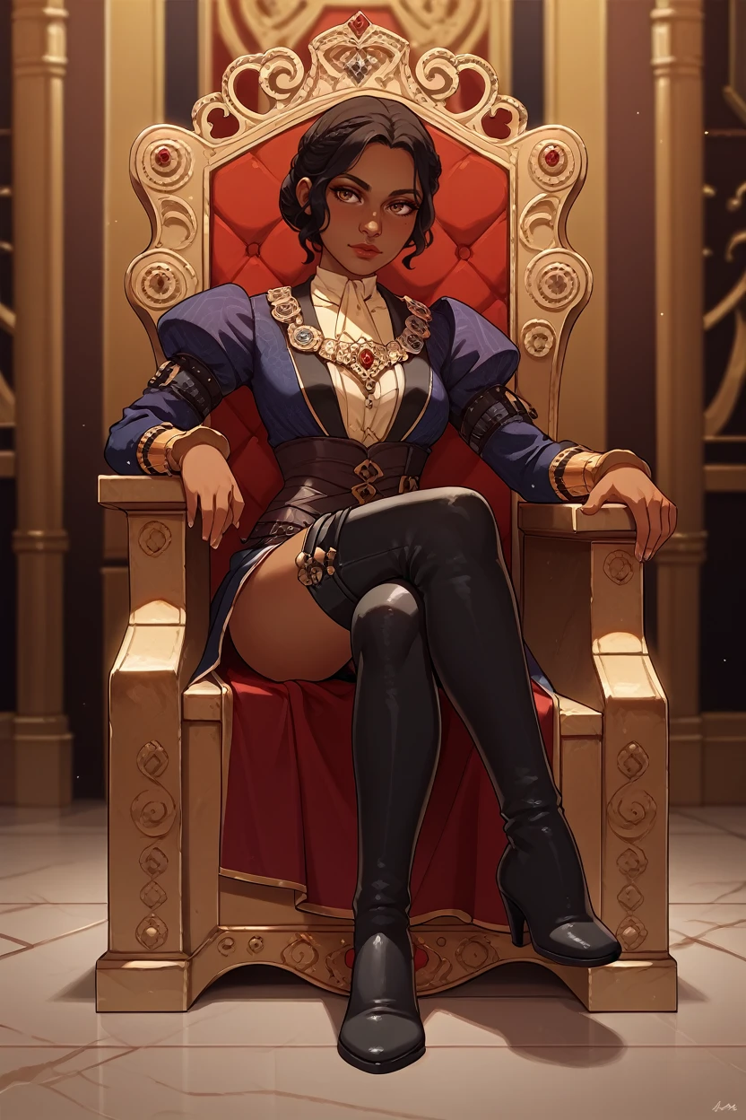 score_9, score_8_up, score_7_up,
<lora:DAJosephine:0.8>
DAJosephine, 1girl, black hair, brown eyes, dark skin, looking at viewer, sitting, throne, crossed legs, indoors, thigh boots