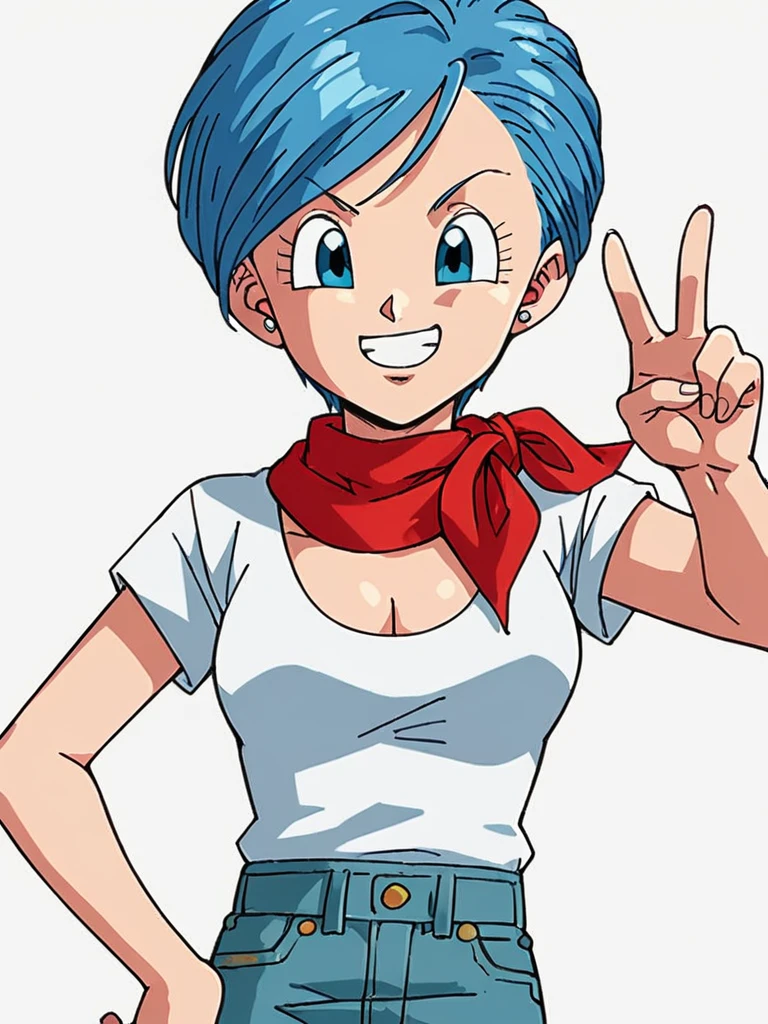 score_9, score_8_up, score_7_up, 
1girl, bulma, blue hair, blue eyes, short hair, swept bangs, 

white shirt, short sleeves, red ascot, cleavage, jeans, hand on hip, smile, looking at viewer, grin, closed eyes, (V), white background, 