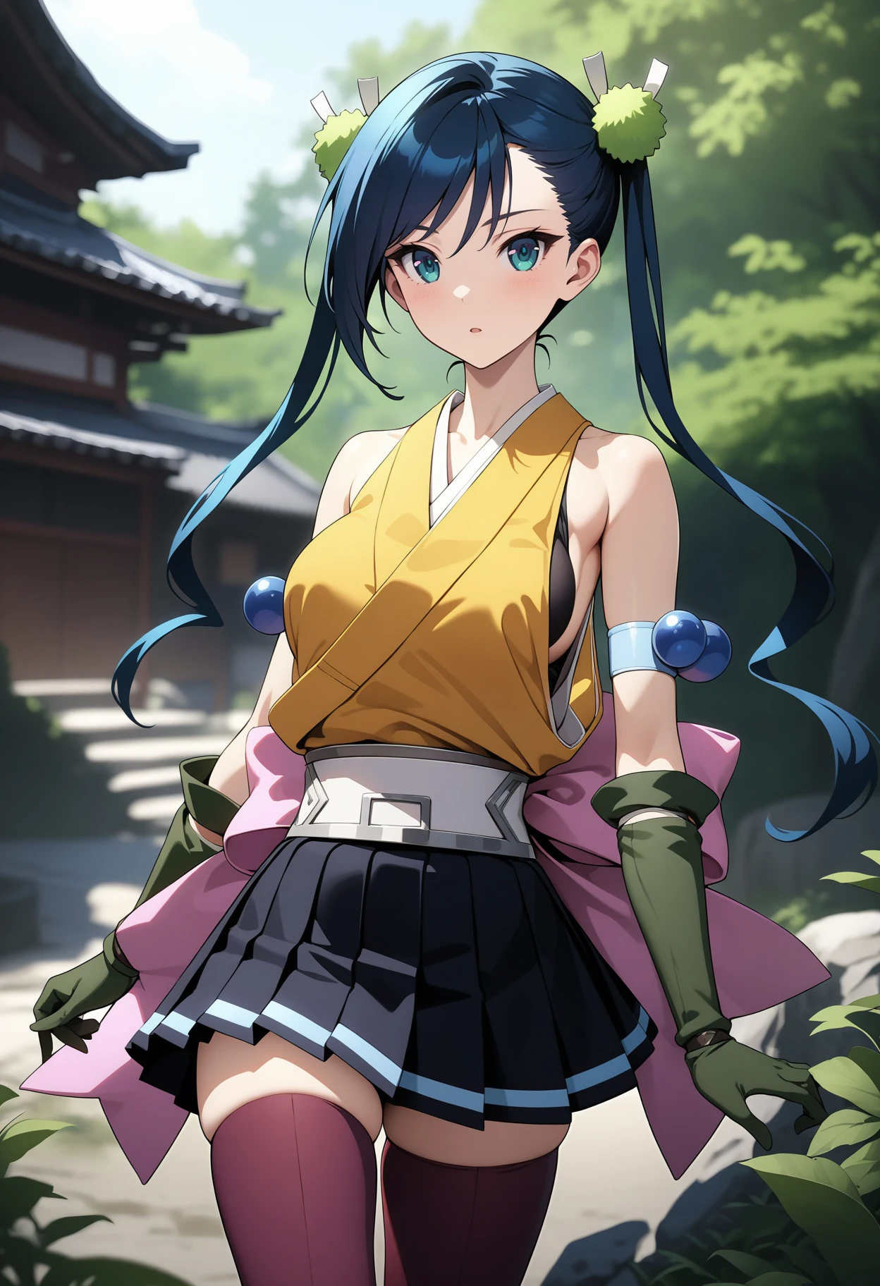 (masterpiece, best quality, very aesthetic, ultra detailed), intricate details, 4k, aahibachi, long hair, blue hair, twintails, hair ornament, aqua eyes, breasts, japanese clothes, yellow shirt, sleeveless, armband, green gloves, white belt, pink bow, pleated skirt, black skirt, purple thighhighs, <lora:hibachi_animagine_v1:0.9>, standing, cowboy shot, outdoors,