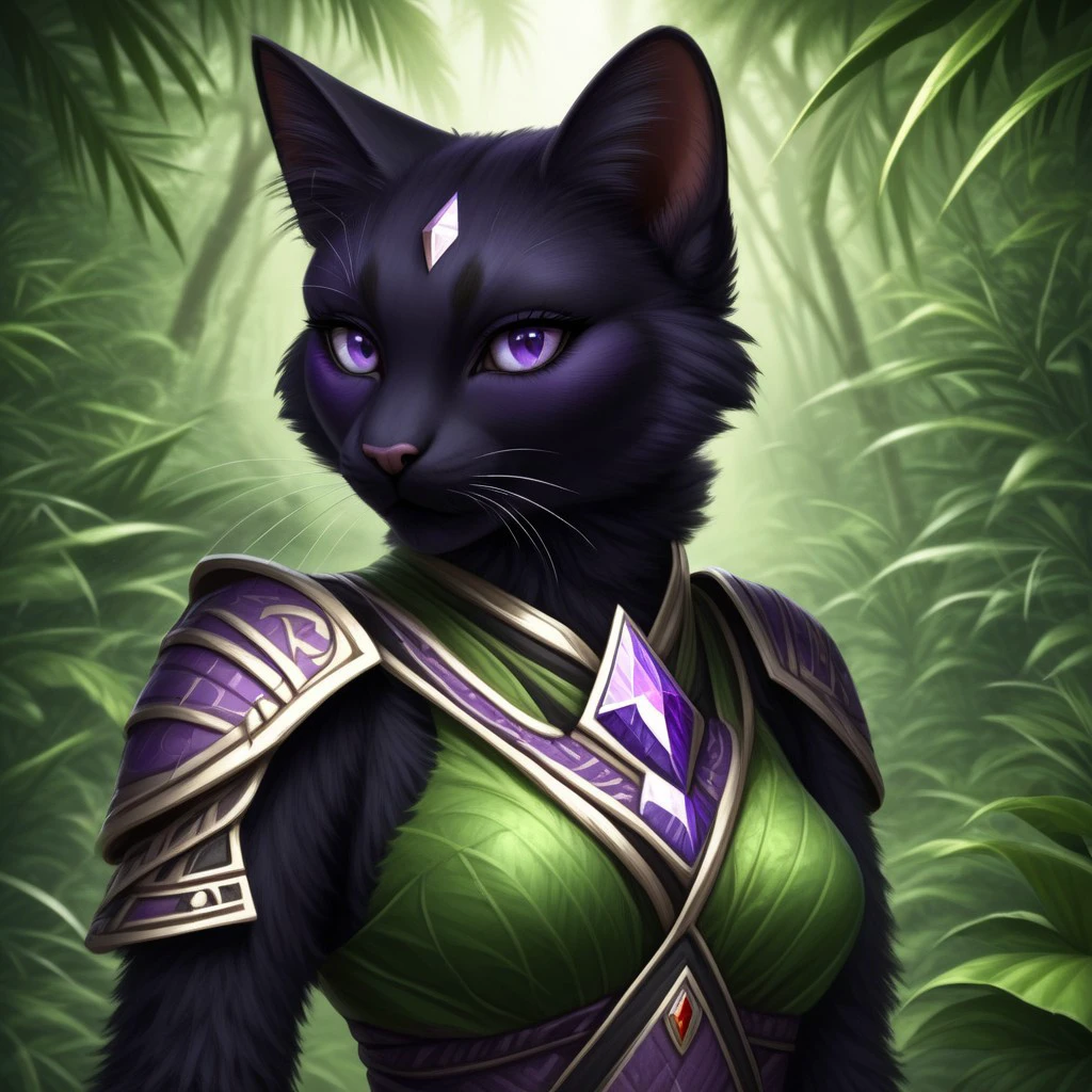 xel'dari, purple diamond forehead marking, black fur, 1girl, Purple eyes, furry female cat, tribal clothes, armor