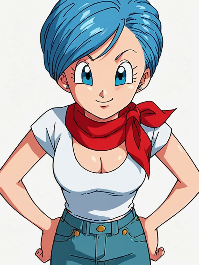 score_9, score_8_up, score_7_up, 
1girl, bulma, blue hair, blue eyes, short hair, swept bangs, 

white shirt, short sleeves, red ascot, cleavage, jeans, hands on hips, smile, looking at viewer, white background, 