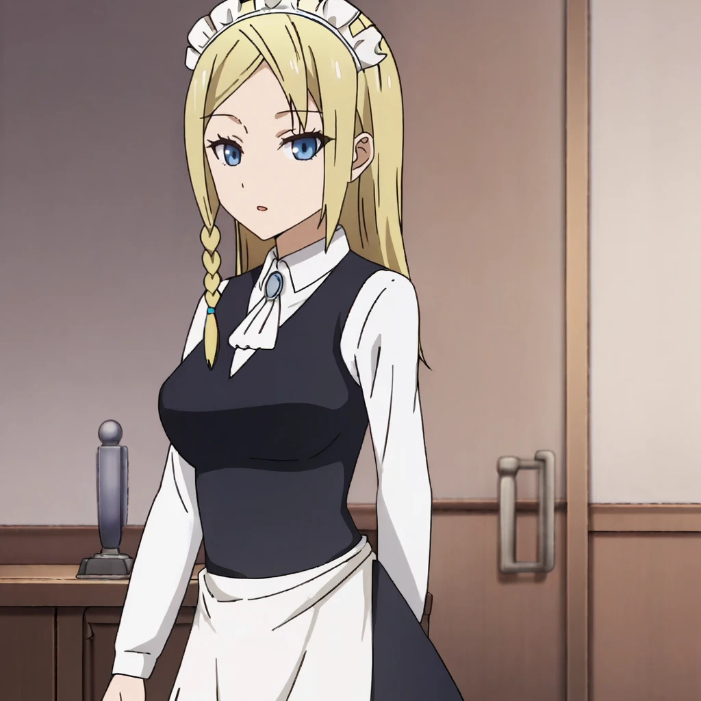 <lora:hayasakaai_pony_v1:.8> HayasakaMaid2, 1girl,  blonde hair, maid headdress, blue eyes, waist apron, braid, long hair, white shirt, long sleeves, ascot, parted bangs, white apron, collared shirt, medium breasts, black dress, maid apron, vest, cowboy shot