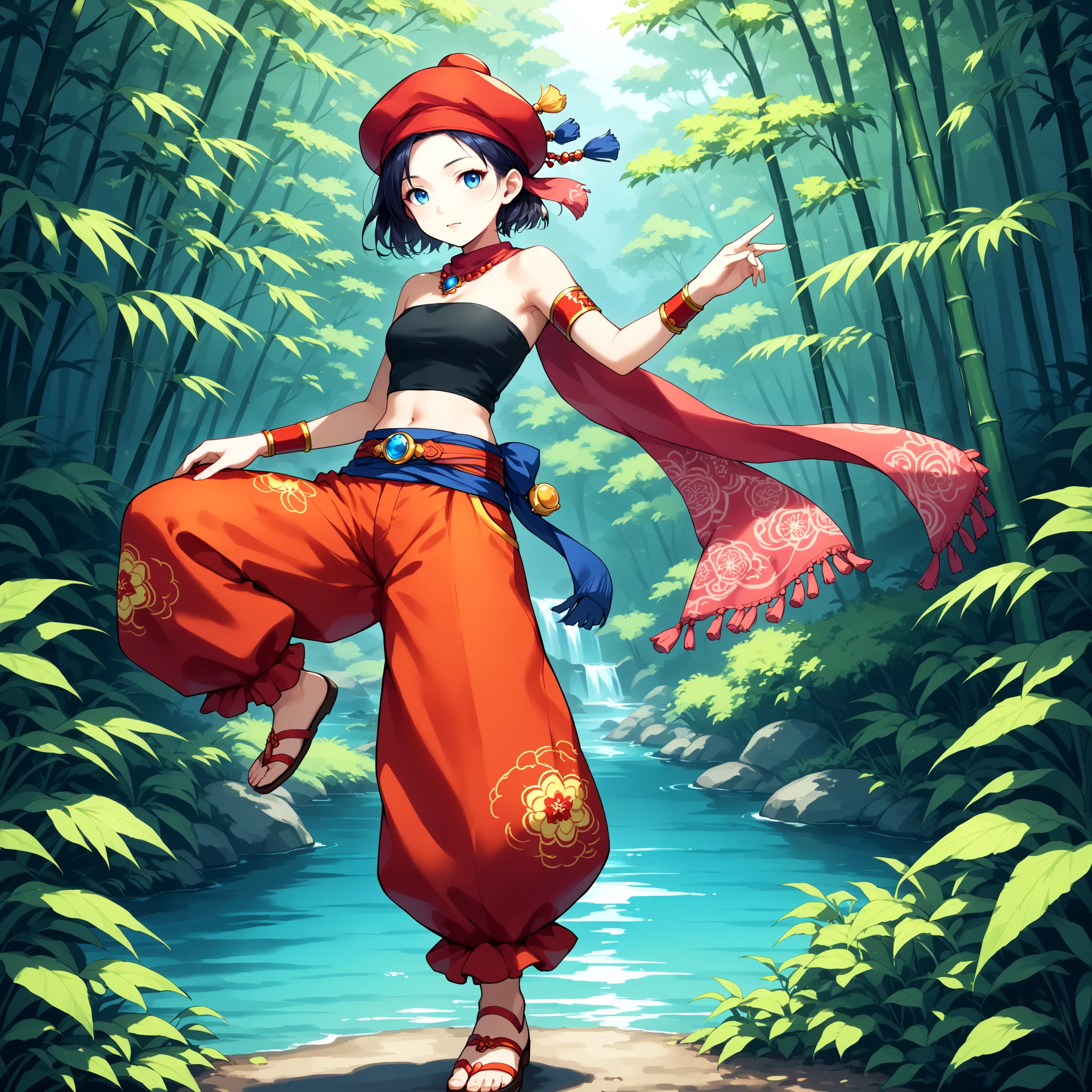 <lora:silkpunk_SDXL:0.5>, silk fabrics, vibrant colors, East Asian bamboo aesthetics, intricate patterns, futuristic touch, looking_at_viewer, asian, short_hair, hat, jewelry, outdoors, day, belt, pants, water, necklace, scarf, tree, parted_bangs, sash, black_shirt, leaf, beret, brooch, gem, tassel, nature, armband, red_headwear, armlet, forest, bandana, bush, tube_top, red_pants, fringe_trim, baggy_pants, strapless_shirt, puffy_pants, orange_pants, star \(symbol\), kung fu