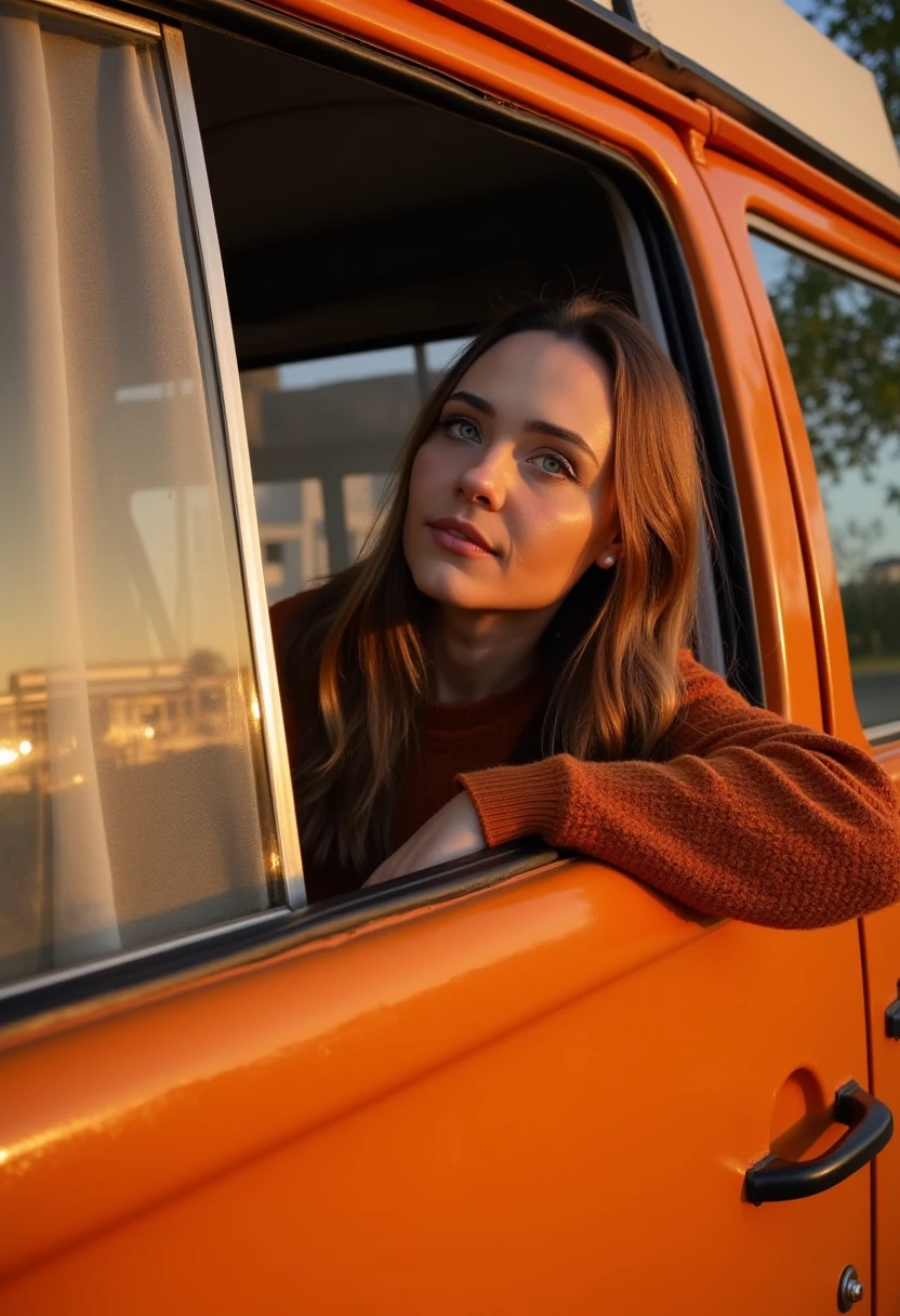 The image is a high-resolution photograph featuring a young woman with long, wavy hair peeking out from the window of a vintage orange van. The van's interior is dimly lit, casting a warm, golden glow that highlights the woman's facial features. She has a light complexion and is looking out the window with a contemplative expression, her eyes gazing into the distance. Her attire consists of a cozy, rust-colored knit sweater that adds a rustic, bohemian vibe to her appearance. The van's window frame is visible, with a slightly worn texture and a black handle on the right side. The window itself is partially covered by sheer, white curtains that drape softly, adding a sense of privacy and intimacy to the scene. The background outside the van is blurred, suggesting an outdoor setting with natural light filtering through. The overall mood of the photograph is serene and introspective, capturing a moment of quiet reflection. The image is rich in texture, with the van's exterior contrasting with the softness of the woman's hair and the delicate curtains, creating a harmonious blend of warm and cool tones. P1P3R