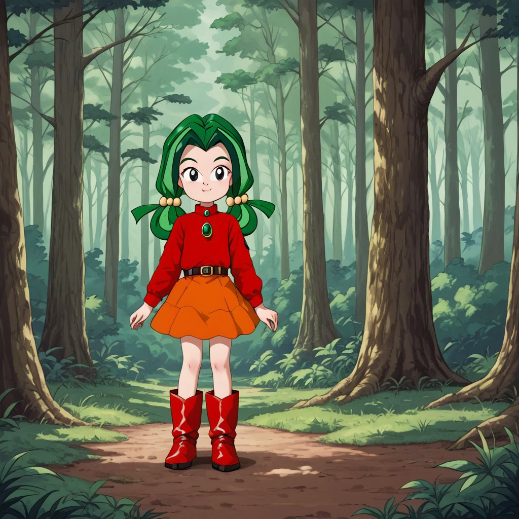 1girl, solo, Yadamon, green hair, multicolored hair, hair ornament, twintails, black eyes, dress, red dress, long sleeves, belt, skirt, orange skirt, boots, red boots, red footwear, smile, full body, standing, forest, front view