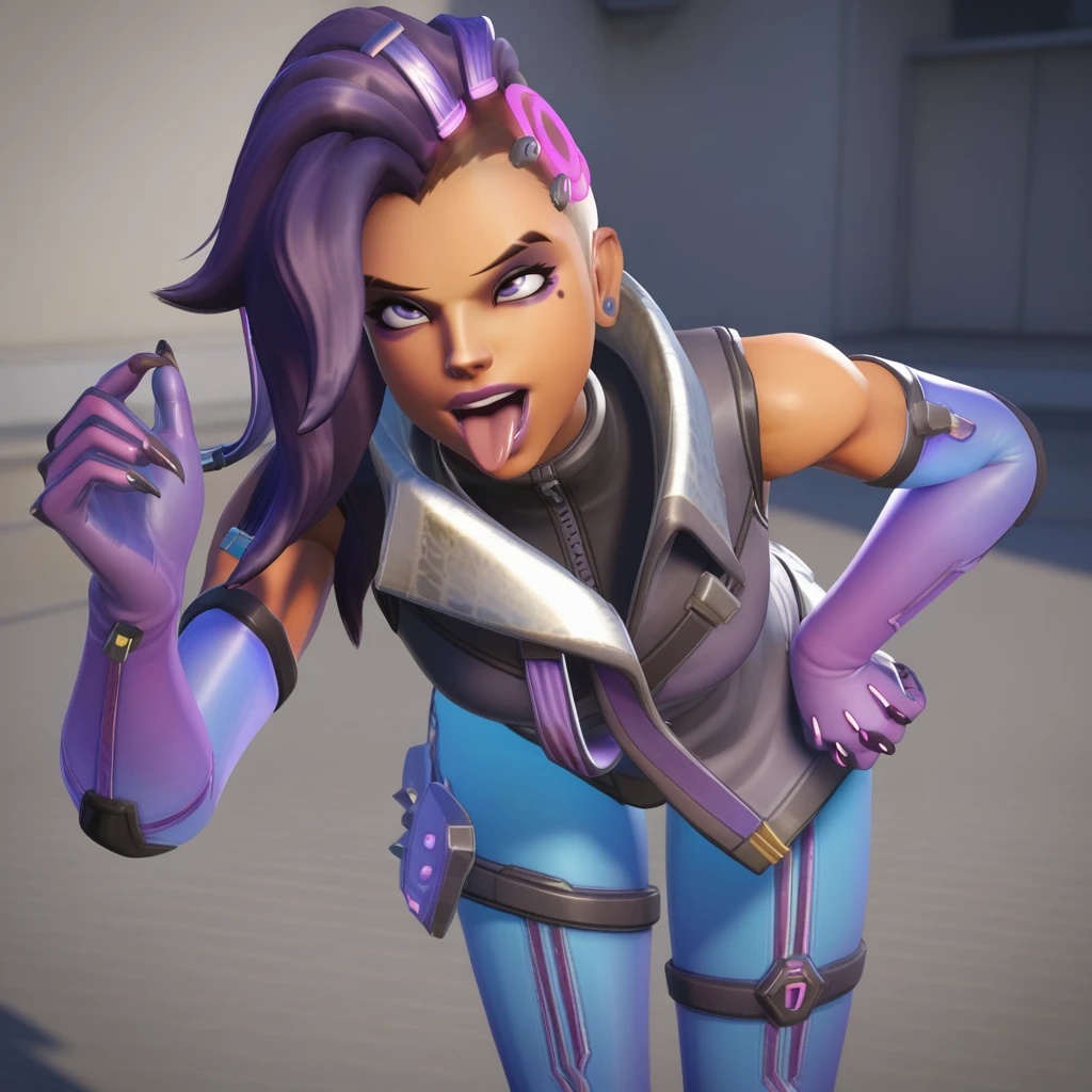 sombra, purple hair,  purple eyes,  mole under eye, open mouth, tongue out, winking
elbow gloves, slutty microbikini, nsfw   light smile,small breasts, thicc_ass, sexy pose
looking at viewer, jack-o-pose, hands and knees, bending over
night, city,  indoors, 
(insanely detailed, beautiful detailed face, beautiful detailed eyes, masterpiece, best quality),solo, 
cyberpunk,  