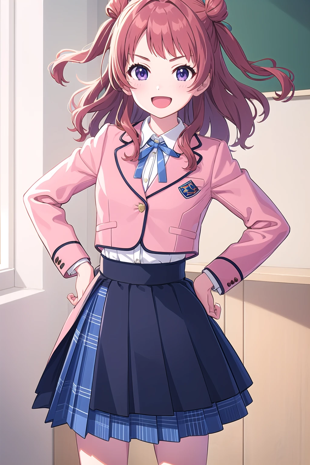 (masterpiece, best quality), highly detailed background, perfect lightingbest quality, hanamisaki, solo, indoors, red hair, double bun, two side up, bangs, wavy hair, medium hair, purple eyes, medium breasts, pink jacket, cropped jacket, buttons, neck ribbon, blue ribbon, collared shirt, white shirt, long sleeves, (hands on hips:1.1), high-waist skirt, black skirt, pleated skirt, blue skirt, plaid skirt, school uniform, smile, open mouth, >:d, <lora:Hanami-Saki:0.7>