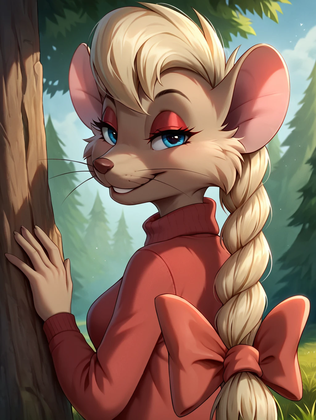 score_9, score_8_up, score_7_up, ultra high quality,ultra high resolution,ultra ,full body, seductive,  detailed background,forest background,standing,trees,grassy path,high detailed face,seductive smile,half-closed eyes,<lora:Jenny_Mcbride_from_Nimh_2:0.86> jenny_mcbride, mouse, mouse girl, blonde hair, braided ponytail, turtleneck sweater, long eyelashes, red sweater, light brown fur, blue eyes, whiskers  ,solo,single,1girl,seductive smile,looking at viewer,slightly parted lips, ,teeth,perfect mouth,flirting,flirting with viewer,blue eyes,hips crooked,large hair ribbon,medium breasts,looking back,from behind,leaning against tree,upper body,red ribbon,large ribbon,red eyeshadow,