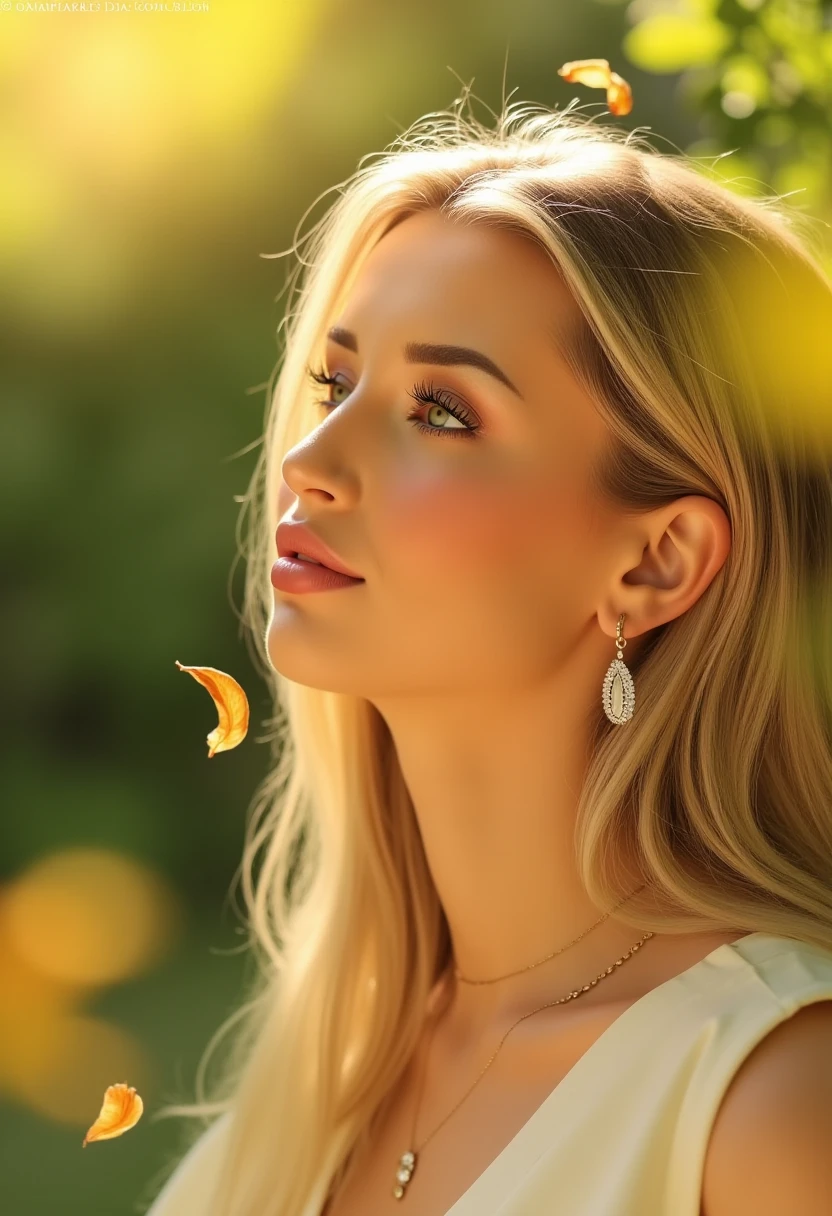 This is a high-resolution photograph of a woman in profile, captured in a serene outdoor setting. The subject has long, wavy, blonde hair cascading over her shoulders and is wearing a subtle makeup look with a focus on her striking eyes. Her skin is smooth and radiant, with a natural glow. She is adorned with elegant, dangling diamond earrings that catch the light. The background is a soft, blurred gradient of green hues, suggesting a lush, natural environment, possibly a forest or garden. The lighting is warm and gentle, with sunlight filtering through the leaves, creating a golden halo effect around her head. Small, delicate, yellow leaves and petals are suspended in the air, adding a whimsical and dreamy touch to the scene. The woman's expression is contemplative and serene, with a slight smile. Her attire is not visible in this close-up view, but the texture of her hair and the sparkle of her earrings indicate a refined, elegant style. The overall mood of the photograph is tranquil and ethereal, capturing a moment of peaceful reflection in nature. M1K4YL4