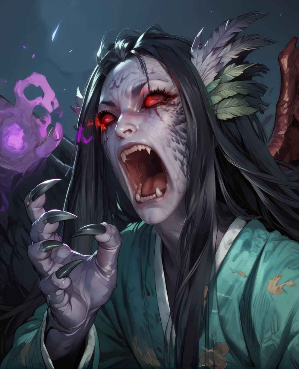 score_9,score_8_up,score_7_up,score_6_up,
ubumexl,red eyes,black sclera,long hair,head feathers,facial mark,
green kimono,claws,black fingernails,
shouting,purple aura,
night,underworld,<lora:ubumeXL:0.9>,
