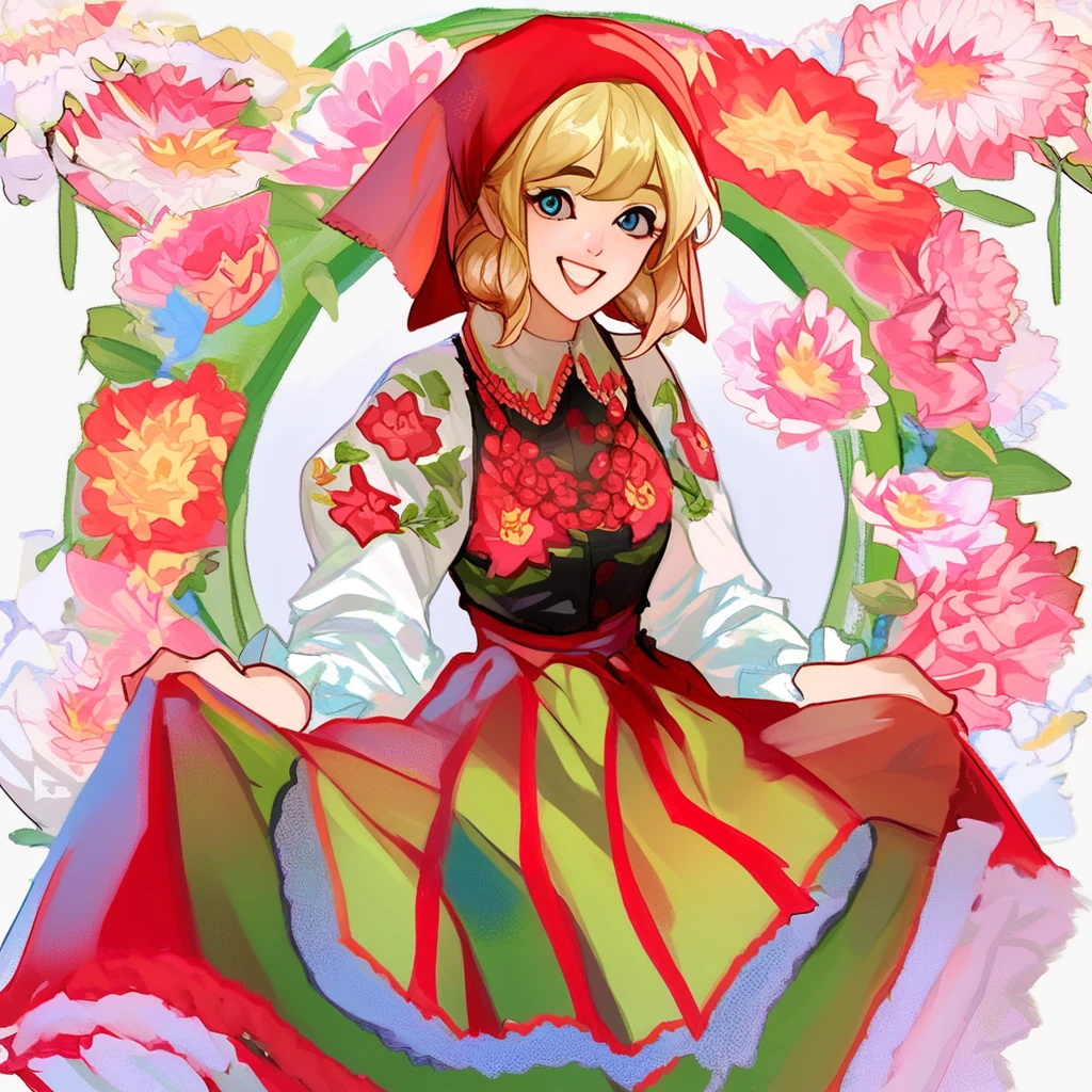 score_9, score_8_up, score_7_up, <lora:PolishDress:1> 1 girl, blonde, smile, happy, caucasian, beautiful, tradpolishdress, traditional clothes, floral print, skirt,