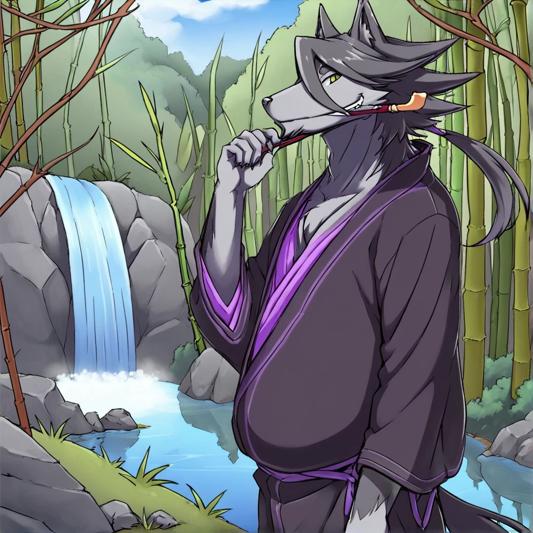 <lora:Halibel:1>, halibel, is a wolf human, with relatively long black fur, clad in a dishevelled black kimono, possessing worn-down purple accents, his golden eyes, are usually narrowed into two slits, he often likes biting on his golden kiseru with his teeth, solo, in a jungle, surrounded with bamboo trees, vines around trees, animals, river, waterfall