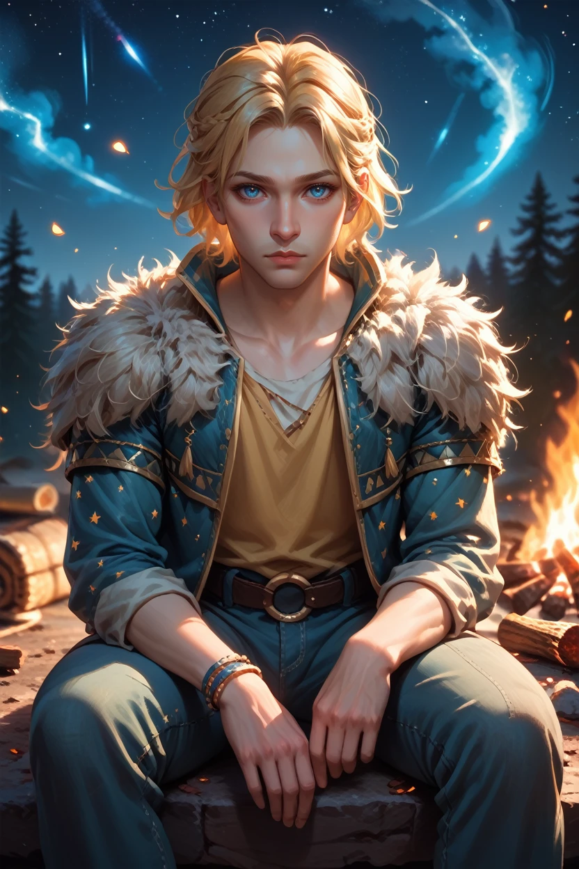 score_9, score_8_up, score_7_up,
<lora:DA2Anders:0.8>
DA2Anders, 1boy, blonde hair, blue eyes, looking at viewer, sitting by a campfire under the stars, wearing a rugged jacket, the glow of the fire on his face, serene and introspective mood, surrounded by nature