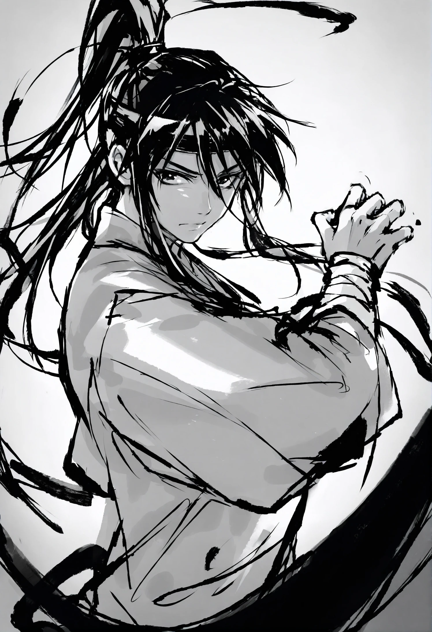 1girl, 1boy, male focus, 
solo, monochrome, greyscale, long hair, looking at viewer, ponytail, headband, closed mouth, upper body, high ponytail, chinese clothes, from side 
masterpiece, dougi, simple background, motion lines, hair between eyes, fighting stance, black headband, low ponytail, wide sleeves, foreshortening, bandages, frown, sidelocks, serious, bandaged arm, v-shaped eyebrows, looking to the side, hair over shoulder, turtleneck, white background, amazing quality \(shikai\), shirt, long sleeves,
best quality, very aesthetic, absurdres
 <lora:inkcharacterlokr_for_illustrious-000185:0.95>