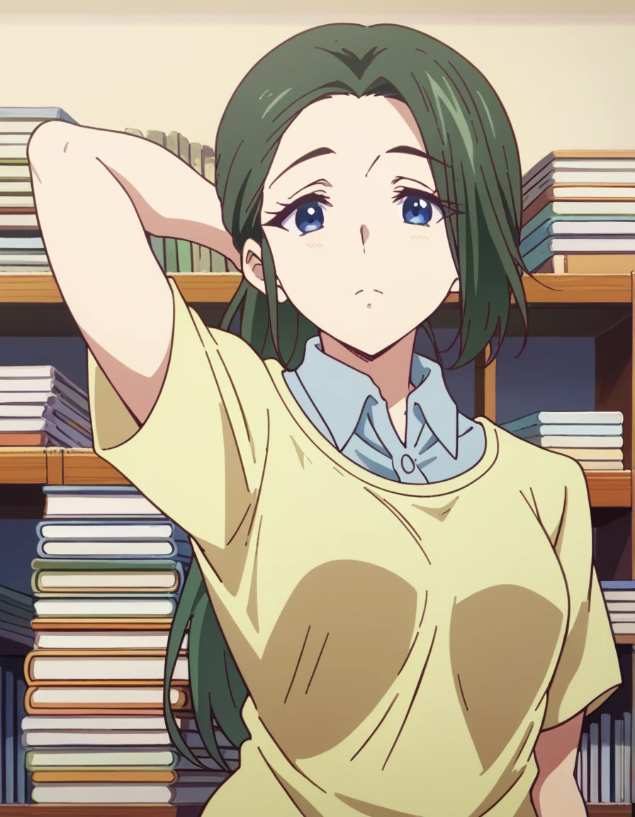 score_9, score_8_up, score_7_up, source_anime, <lora:haruhiko-mother-s1-ponyxl-lora-nochekaiser:1>, haruhiko mother, long hair, blue eyes, ponytail, green hair, medium breasts,, shirt, short sleeves, collared shirt, yellow shirt, collared shirt, blue shirt, , bookstore, browsing shelves, new book smell, finding a favorite, quiet atmosphere, , , hand behind head, , solo,, dutch angle, cowboy shot