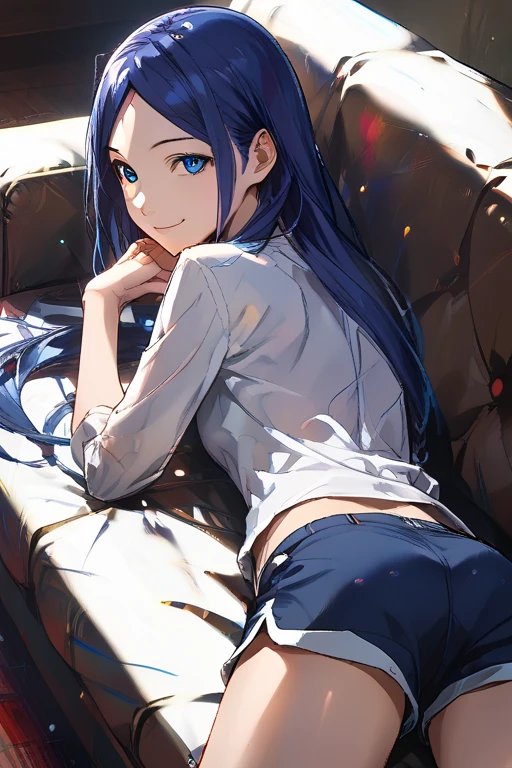 on stomach, sofa, kakyouin, blue eyes, blue hair, long hair, shirt, shorts, smile, from above, 