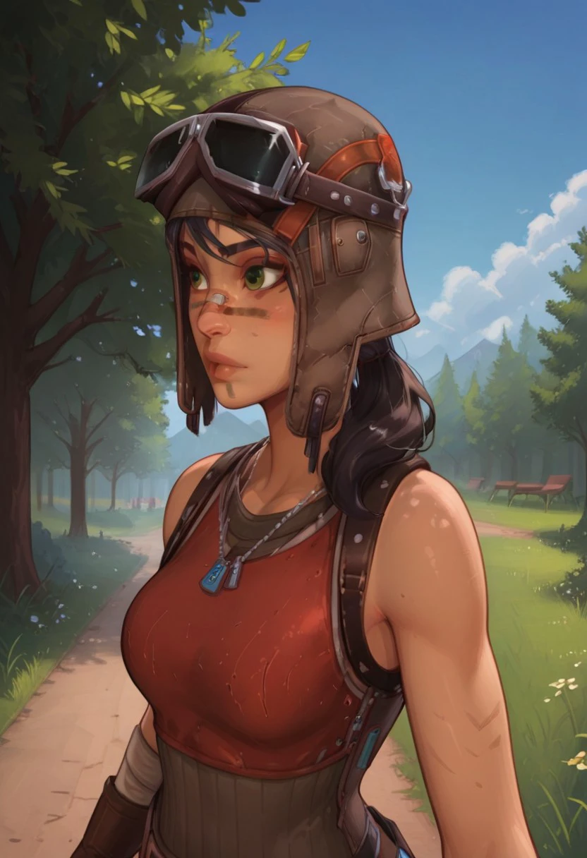 masterpiece,best quality, highly detailed, score_9, score_8_up, score_7_up, score_6_up, 
BREAK, 1girl, Renegade Raider, facepaint, necklace, bandaid on face, helmet, ponytail, standing, park, outdoor, solo