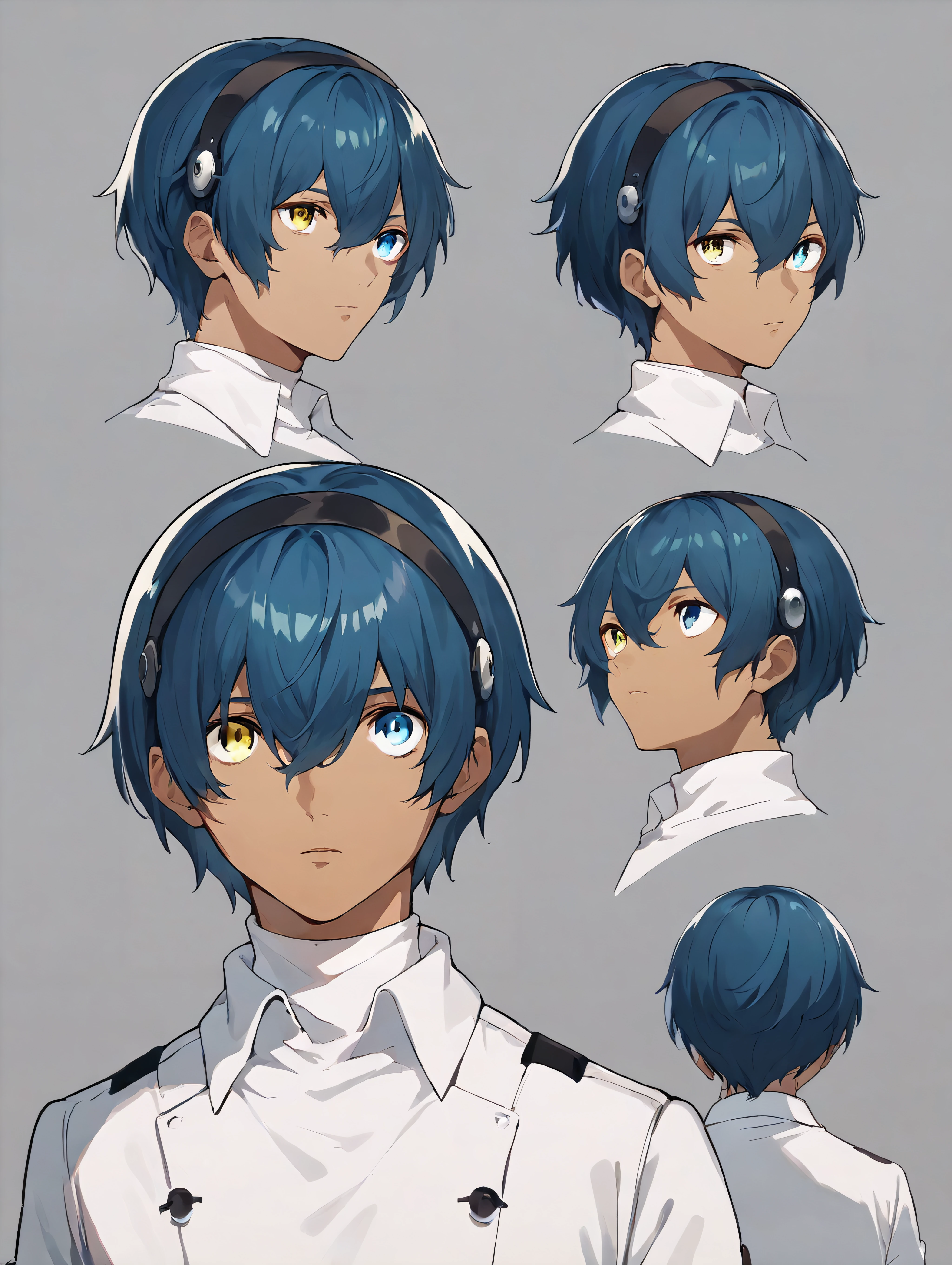 score_9, score_8_up, score_7_up, willmetaphor, 1boy, tan, heterochromia, yellow eyes, blue eyes, blue hair, bob cut, hair between eyes, sidelocks, short hair, black hairband, white shirt, <lora:Will_Metaphor_ReFantazio_PDXL:1.0>, concept art, reference sheet, multiple views, simple background