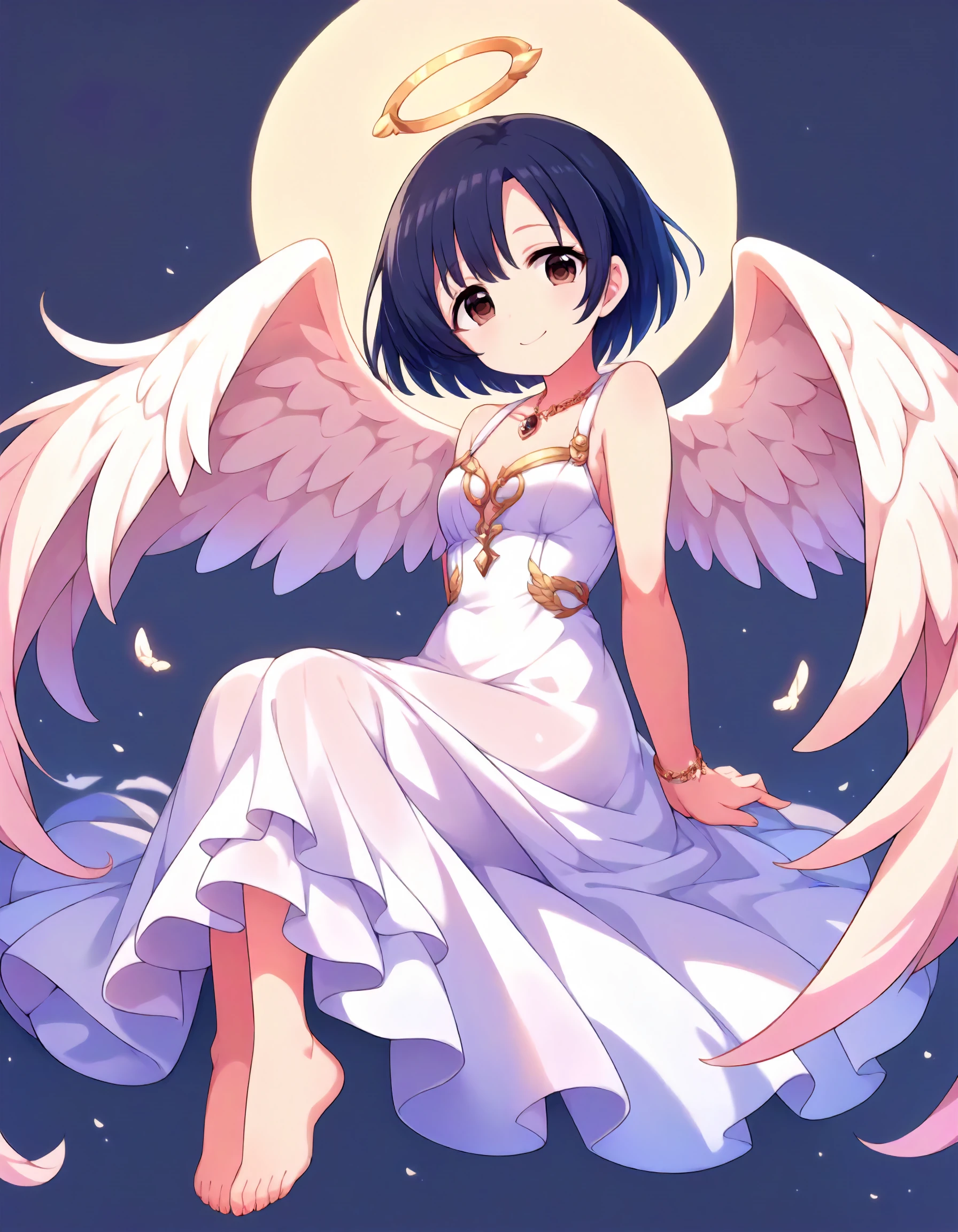 score_9,score_8_up,score_7_up,1girl,solo,looking at viewer,smile,heaven,sitting,arms behind back,floating,
<lora:shiragikuhotaru_ponyXLV6:0.8>,cgsh,
black hair,short hair,brown eyes,
angel wings,bracelet,dress,barefoot