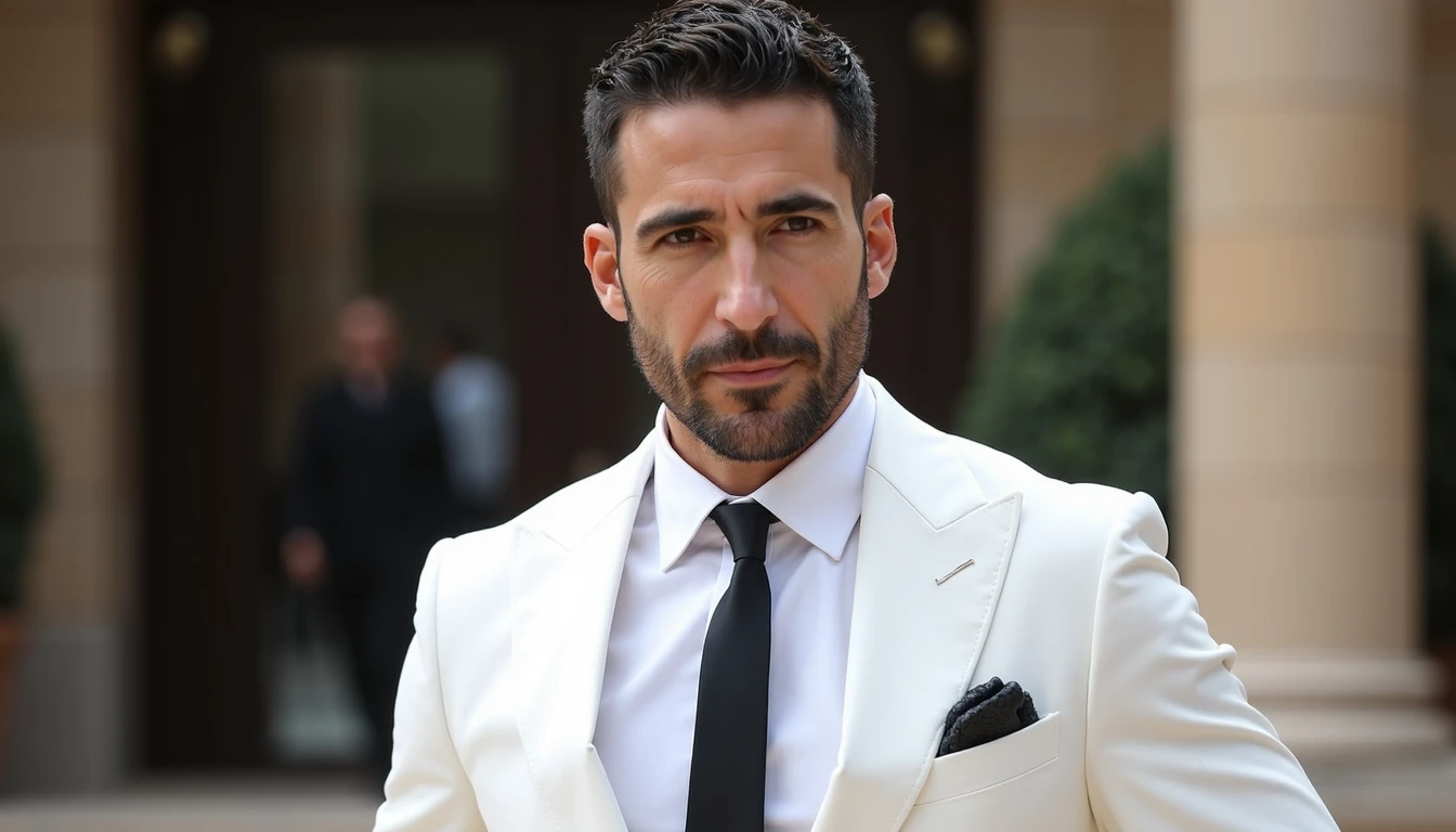 the actor Miguel Angel Silvestre dressed completely in white and black tie in front of the CivitAI headquarters