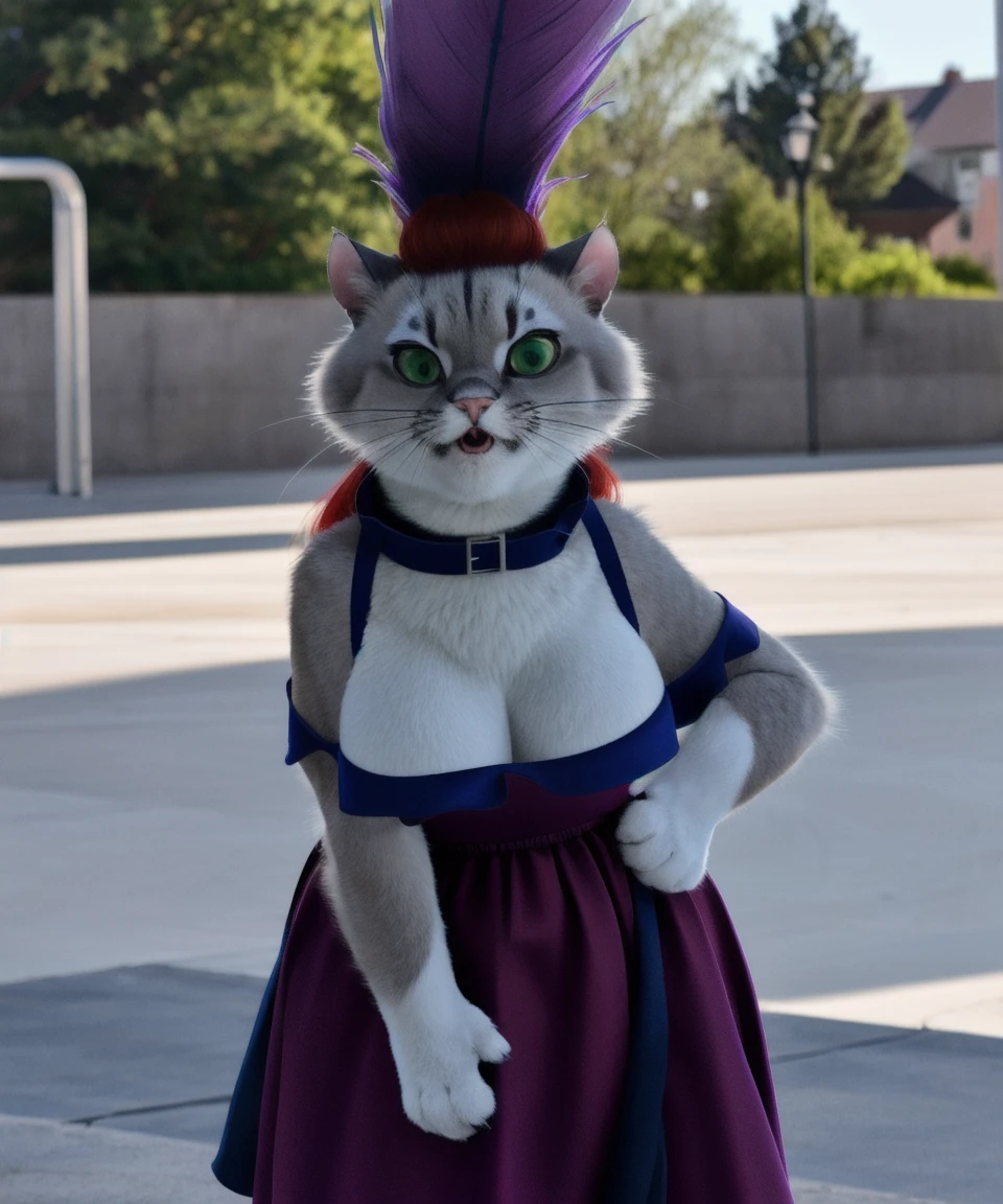 solo, miss kitty, female, green eyes, lipstick, collar, dress, feather headwear, red hair, angry, hands on hips, big breasts, wide hips, skate park, by winter nacht,  <lora:MissKitty_03-Yiffymix-nd064-ep44:1>