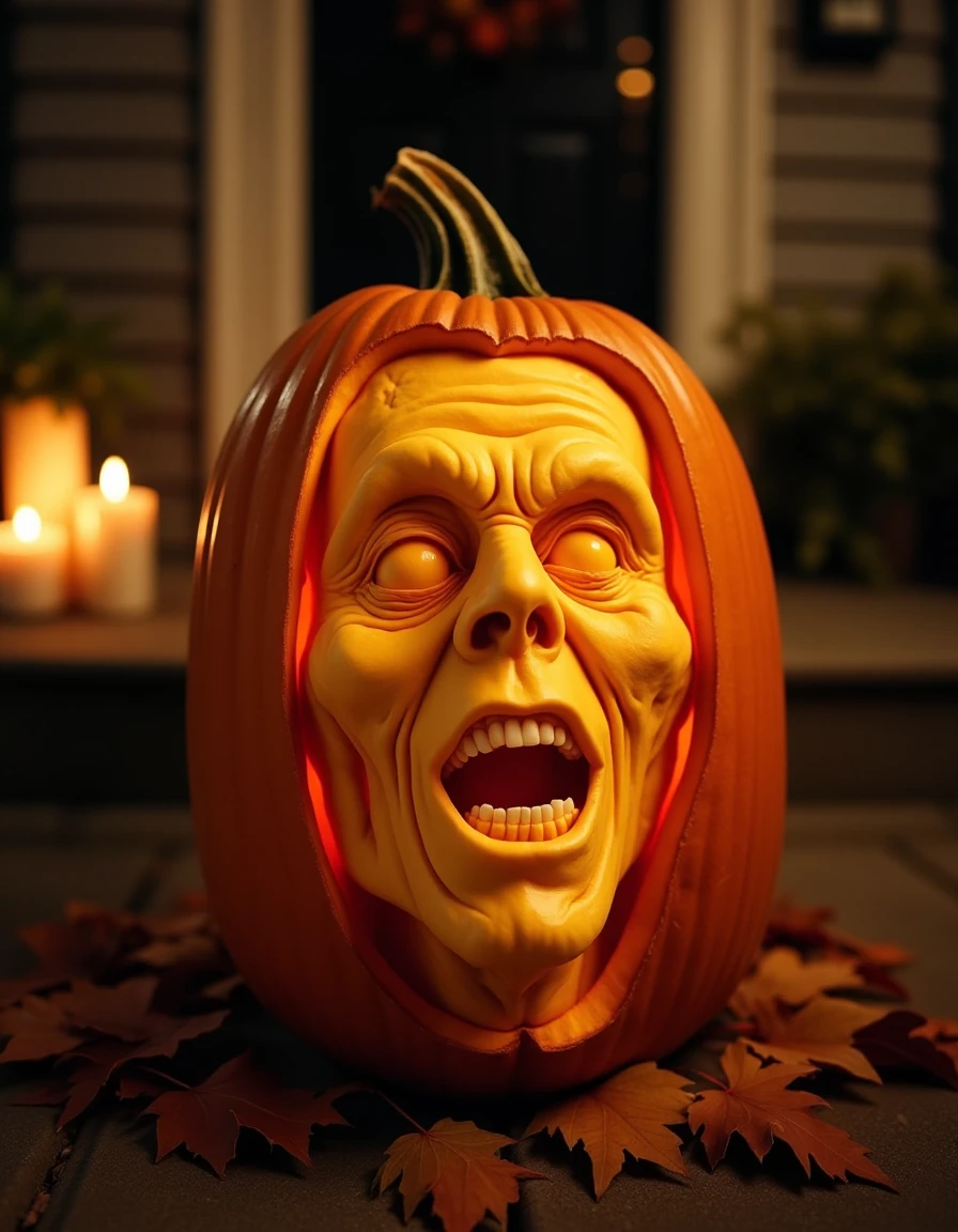 a b4a pumpkin with a face carved into it, sitting on the ground. The face is detailed and lifelike, carved into the pumpkin. It is showing a creepy zombie face. The pumpkin is a bright natural orange color. In the background is a spooky decorated Halloween house entrance a night, autumn leafs, burning candles around. <lora:b4a-pumpkins:1>, <lora:detailer_flux:0.5>