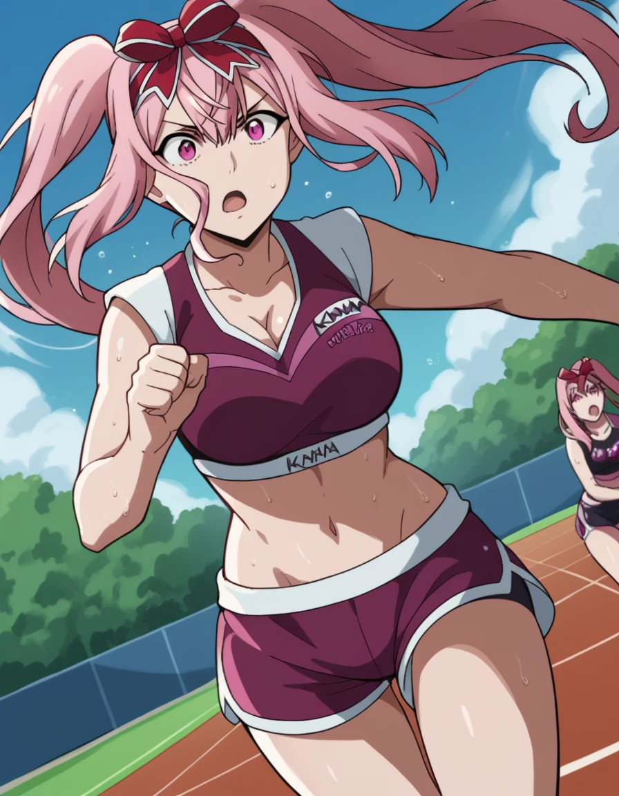 score_9, score_8_up, score_7_up, source_anime, <lora:kaoruko-serigaya-s1-ponyxl-lora-nochekaiser:1>, kaoruko serigaya, long hair, twintails, pink eyes, pink hair, headband, red headband, bow, hair bow, large breasts,, <lora:dolphin-shorts-ponyxl-lora-nochekaiser:1>, dolphin shorts, shorts,, outdoors, running, sweat, open mouth, sports bra, cleavage, navel, midriff, ponytail,, , dutch angle, cowboy shot