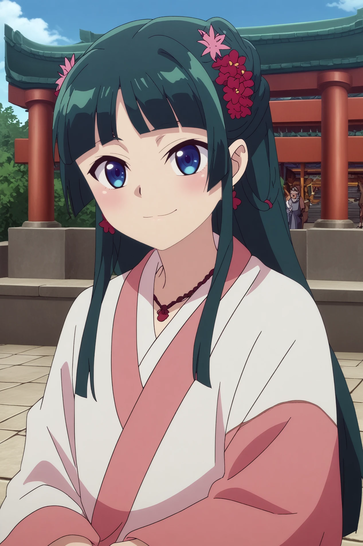  maomao,1girl,solo,japanese clothes,long hair,looking at viewer,bangs,kimono,hair ornament,blunt bangs,twintails,smile,makeup, hair ornament,hair flower,earrings, necklace, shawl BREAK outdoors,old japon city,torii,under torii,sakura flowers,Japanese architecture   Lying on side with legs curled up and a playful gaze,  <lora:MaoMao.safetensors:0.8>