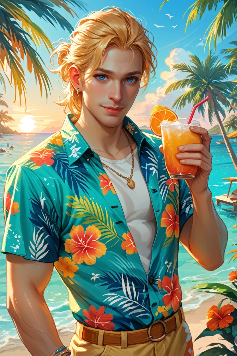 score_9, score_8_up, score_7_up,
<lora:DA2Anders:0.8>
DA2Anders, 1boy, blonde hair, blue eyes, looking at viewer, wearing a Hawaiian shirt, smiling, holding a coconut drink, vibrant sunset, palm trees swaying in the breeze, tropical vibes