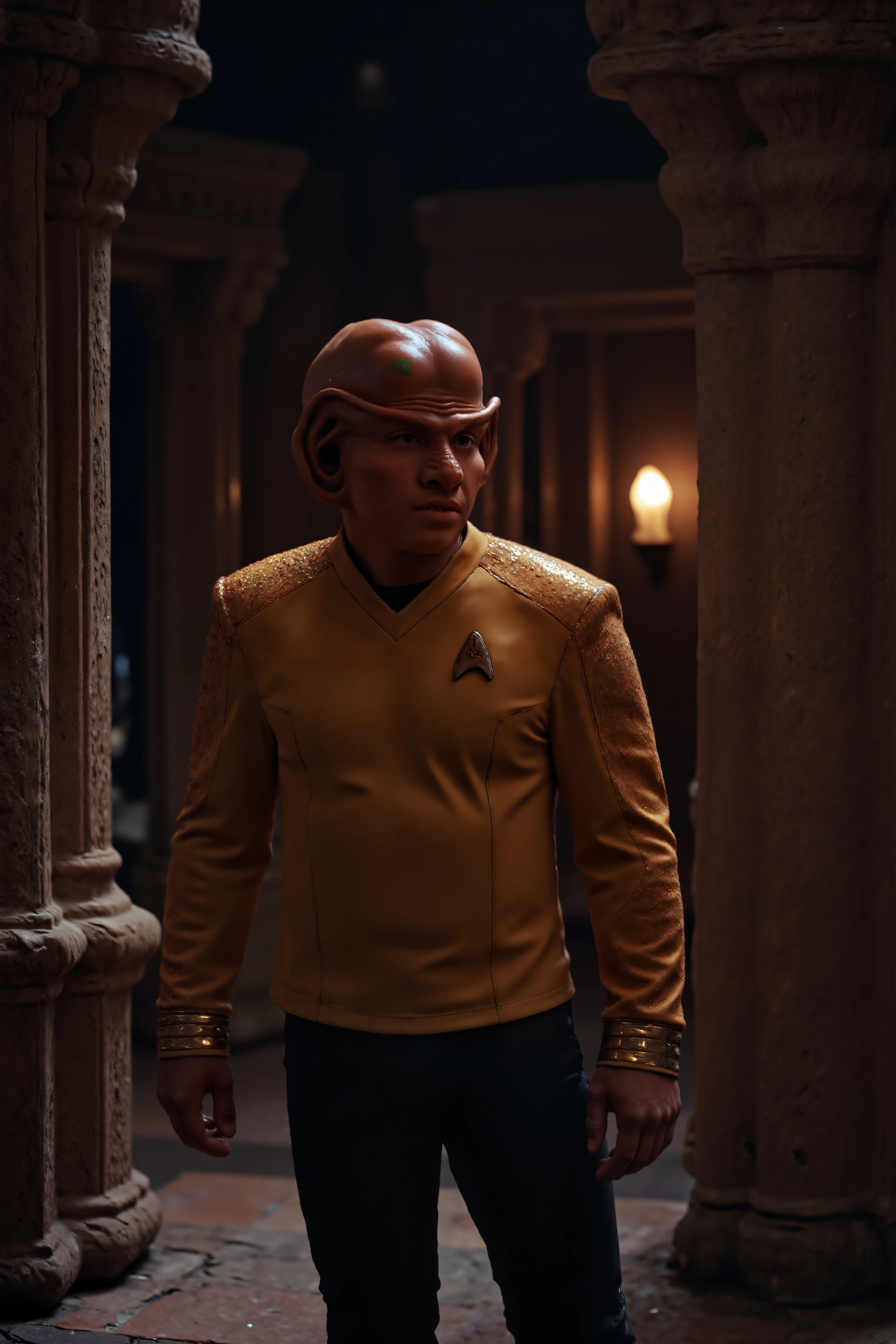 A ferengi stands in the ancient temple wearing yellow SNW uniform (photography, high-resolution, dynamic, energetic,hyper-realistic, dramatic lighting, shallow depth of field.), detailmaximizer, MythP0rt<lora:midjourney_whisper_flux_lora_v01:0.55><lora:aidmaMJ6.1-FLUX-V0.1:0.4><lora:FluxMythP0rtr4itStyle:0.4><lora:detailed_flux_ntc:2.2><lora:aidmaImageUpgrader-FLUX-V0.1:0.65><lora:SNW_FLUX_V2:1.1><lora:ferengiV1_FLUX:1.2>