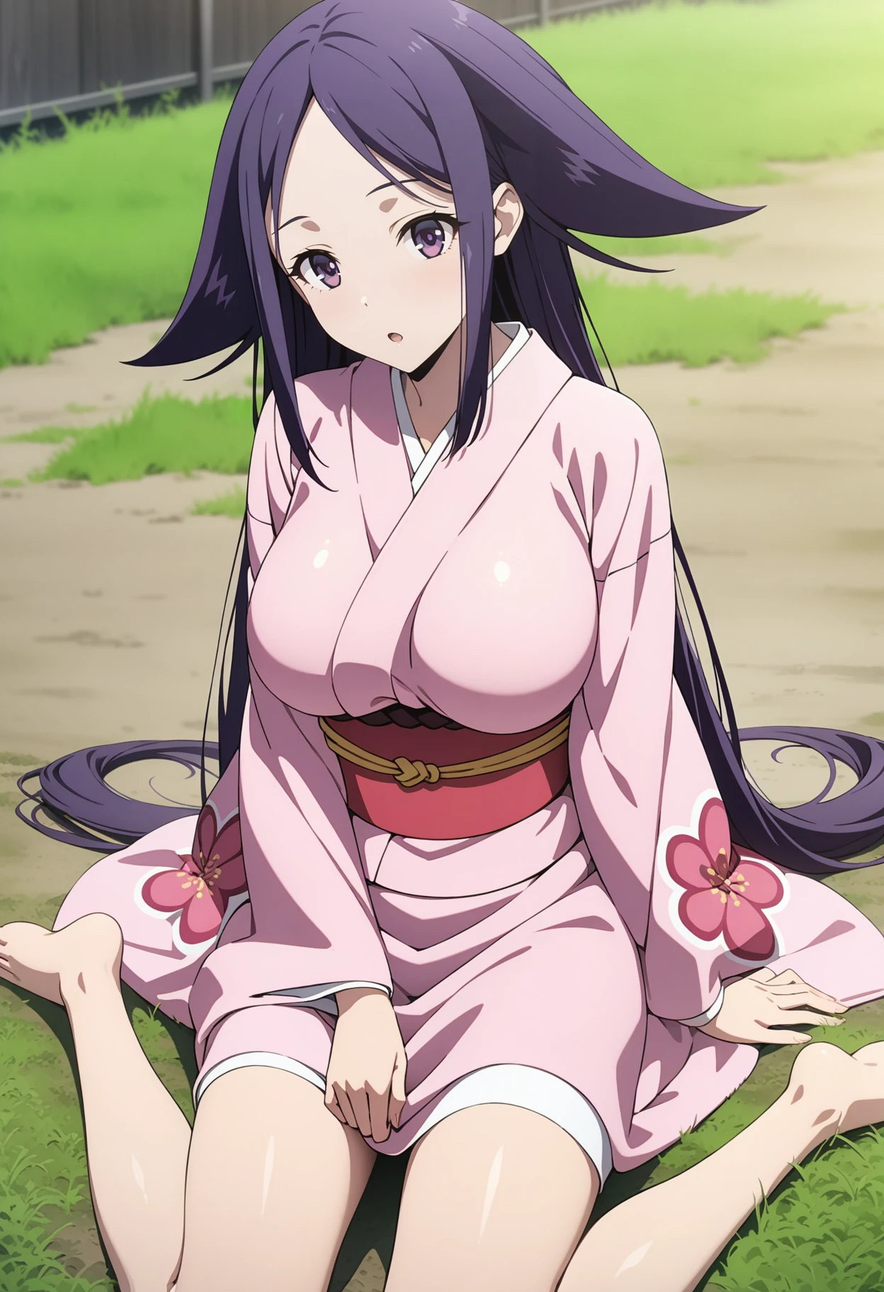 (masterpiece, best quality, very aesthetic, ultra detailed), intricate details, 4k, aaoharu, long hair, purple hair, hair flaps, purple eyes, large breasts, japanese clothes, print kimono, pink kimono, long sleeves, obi, sash, <lora:oharu_animagine_v1:0.9>, on floor, wariza, sitting, :o, outdoors, grass, field,