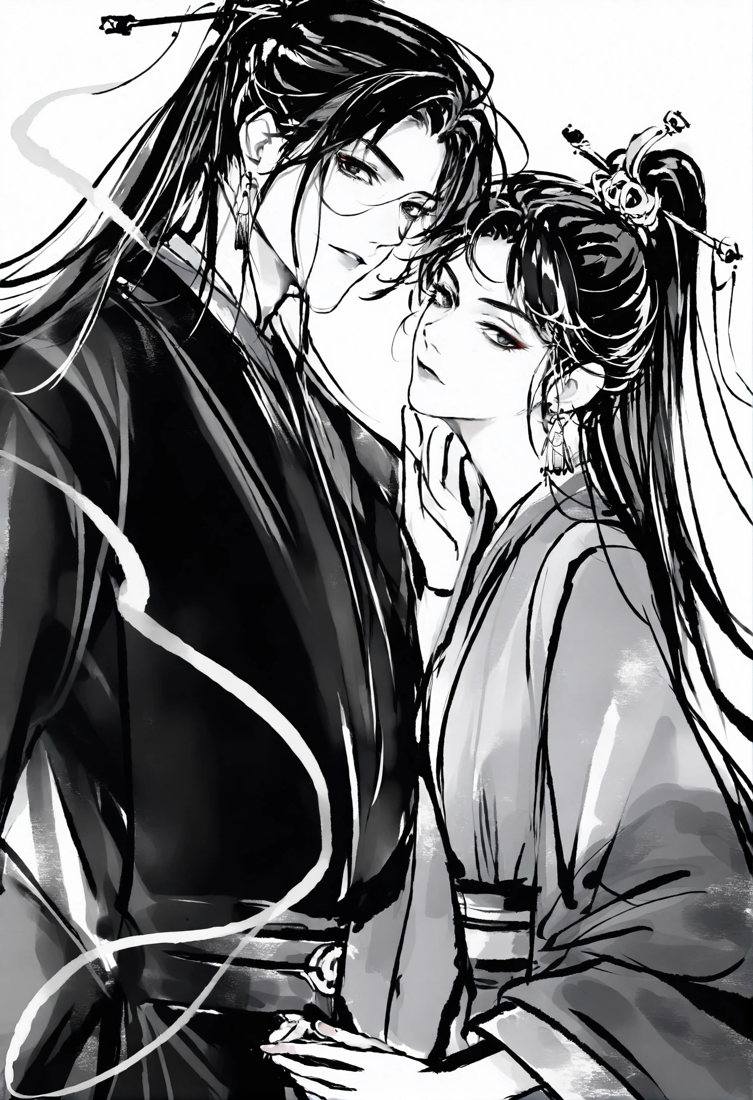 1girl, male focus, 1boy, 
solo, long hair, monochrome, ponytail, white background, looking at viewer, upper body, greyscale, hanfu, simple background, from side, chinese clothes, smoke, parted lips, head tilt, bishounen 
masterpiece, hair stick, expressionless, tassel, chinese text, jewelry, hand up, robe, wide sleeves, floating object, holding, long sleeves, floating, earrings, hair ornament, amazing quality of life \(board game\), looking to the side, sash,
best quality, very aesthetic, absurdres
 <lora:inkcharacterlokr_for_illustrious-000185:0.95>