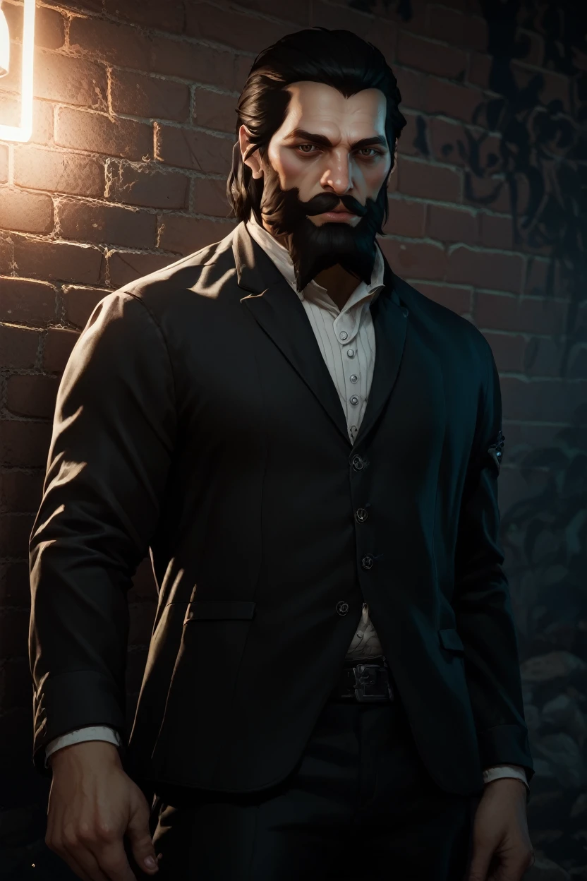 score_9, score_8_up, score_7_up,
<lora:DAIBlackwall:0.8>
DAIBlackwall, 1boy, brown eyes, black hair, beard, looking at viewer, In a dimly lit urban alley, tailored black suit, ambient neon lights casting shadows, leaning confidently against a brick wall