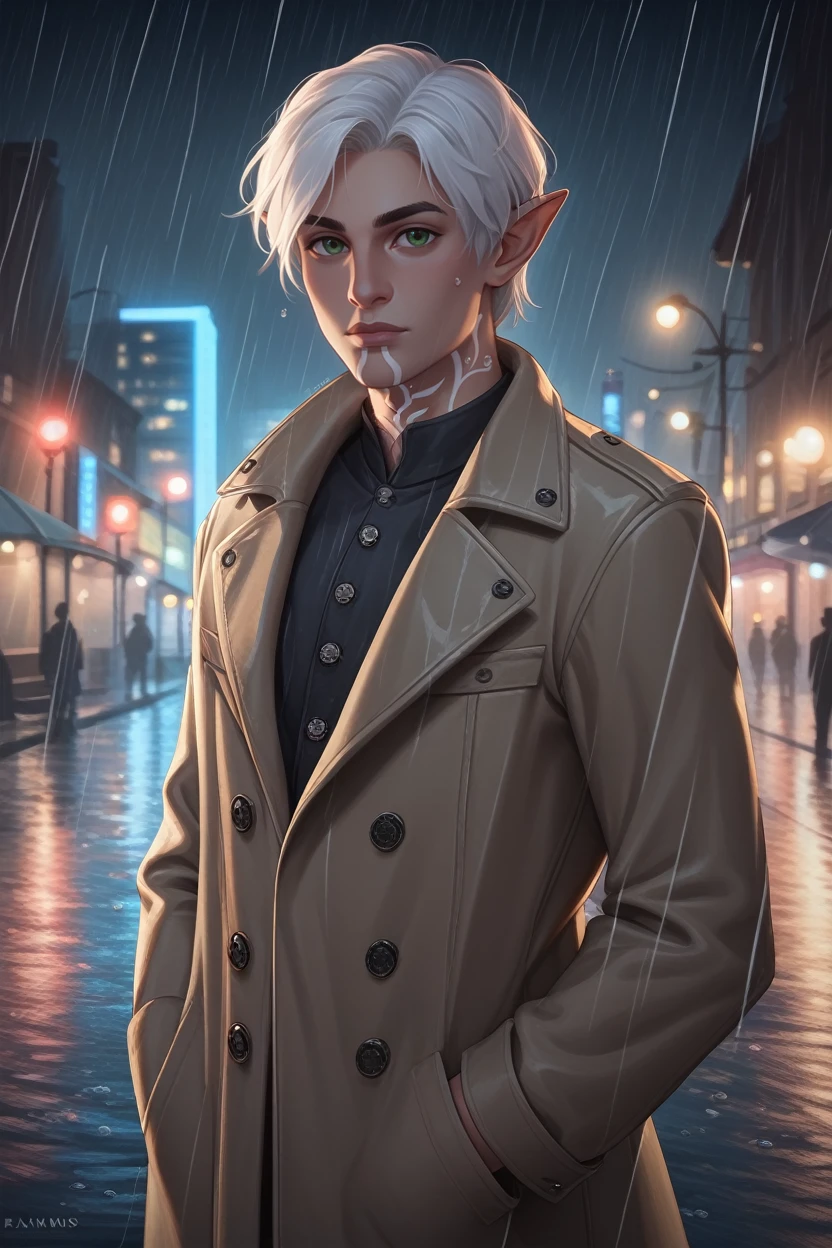 score_9, score_8_up, score_7_up,
<lora:DA2Fenris:0.8>
DA2Fenris, 1boy, white hair, green eyes, white tattoo, pointy ears, looking at viewer, standing in a rain-soaked street at night, wearing a trench coat, water droplets glistening, moody and cinematic, city lights reflecting in puddles