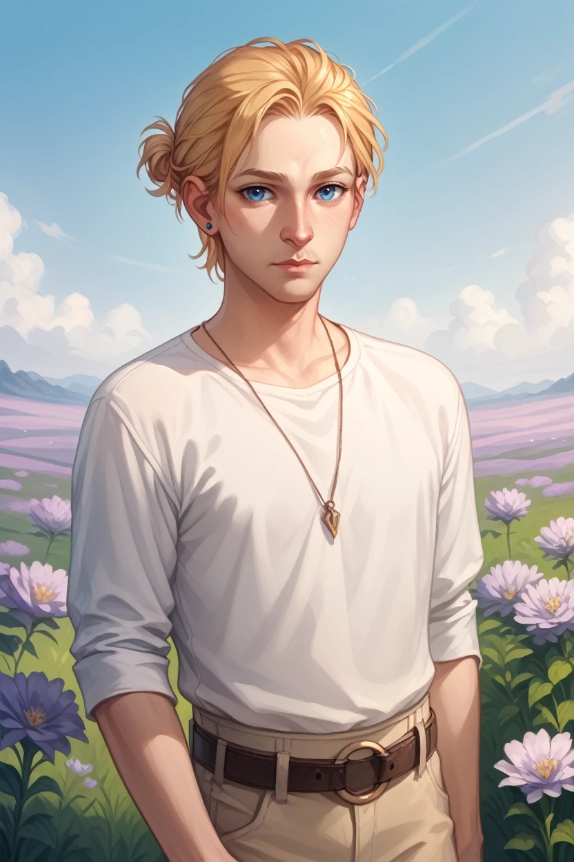 score_9, score_8_up, score_7_up,
<lora:DA2Anders:0.8>
DA2Anders, 1boy, blonde hair, blue eyes, looking at viewer, standing in a field of lavender, wearing a simple white shirt, soft pastel colors all around, calm and fragrant environment, gentle breeze