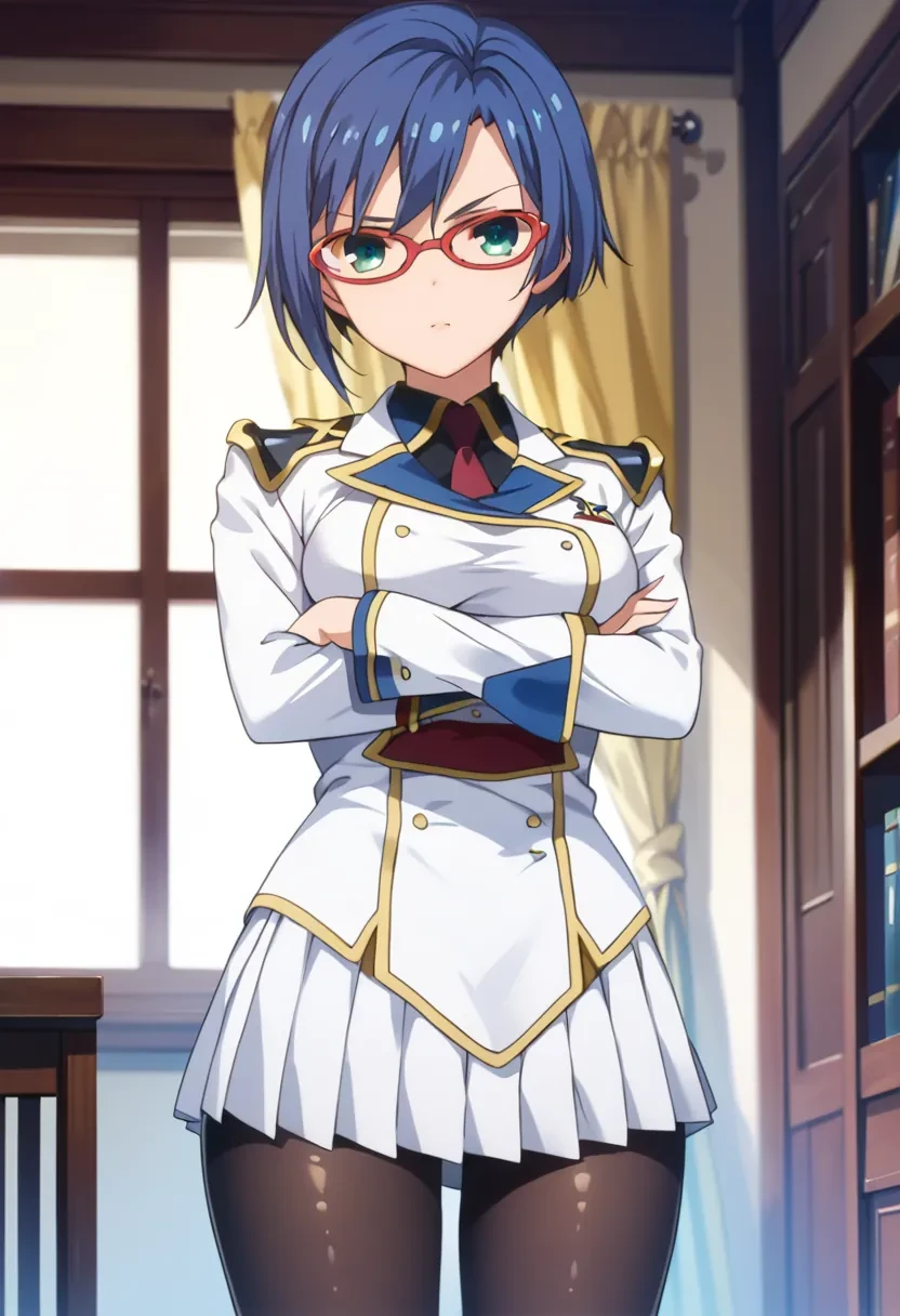 score_9, score_8_up, score_7_up, score_6_up,
masterpiece,

1girl, solo,

Shigure Kasumi, blue hair, short hair, green eyes, blue eyes, glasses, red-framed eyewear,

uniform, military uniform, skirt, pantyhose, looking at viewer, crossed arms,