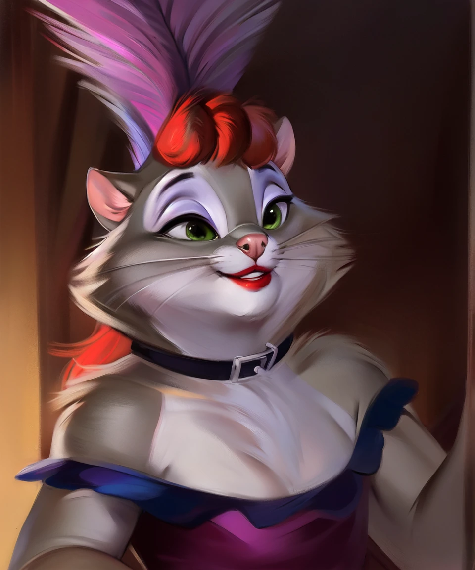 solo, miss kitty, female, lipstick, red hair, collar, feather headwear, green eyes, dress, smile, bedroom eyes, house, by chunie,  <lora:MissKitty_03-Yiffymix-nd064-ep44:1>