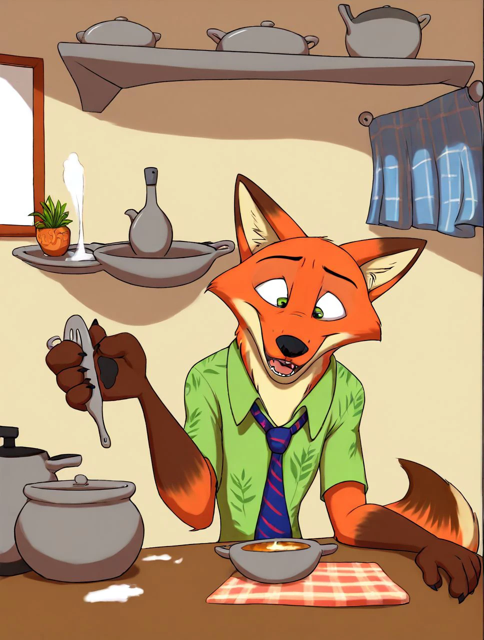 score_9, score_8_up, score_7_up, source_furry, ((masterpiece)), best quality, 1boy, solo, (anthro), (zp92 details:1.3, detailed background, kitchen, kitchen room), (full body, scared face), Nick Wilde, fox, he tries to do something in the kitchen for cooking with a pot and then he messes everything in the kitchen, bad cooking,