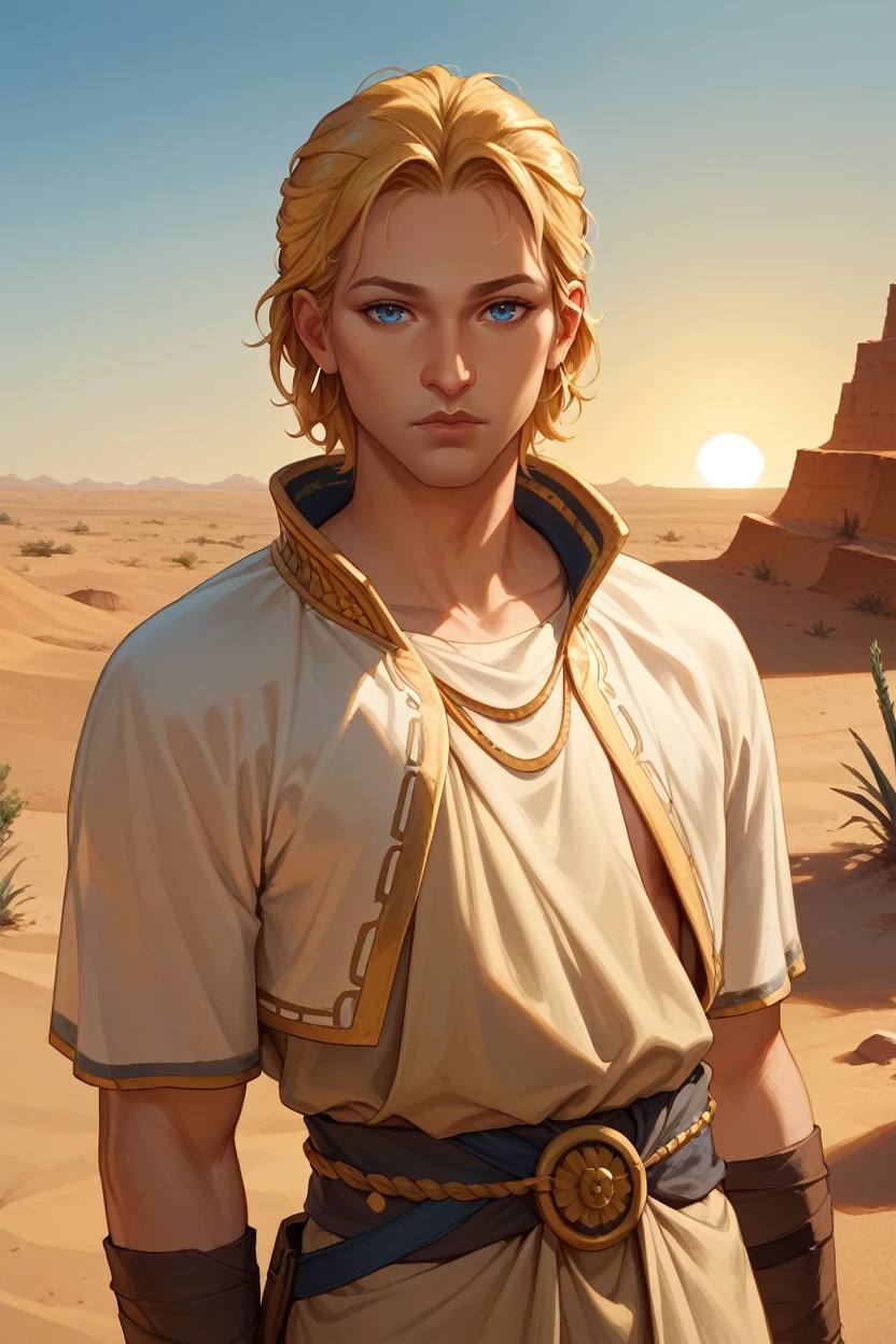 score_9, score_8_up, score_7_up,
<lora:DA2Anders:0.8>
DA2Anders, 1boy, blonde hair, blue eyes, looking at viewer, wearing traditional Arabic clothing, standing in a desert with dunes in the background, golden sands, intense gaze, sunset light casting long shadows