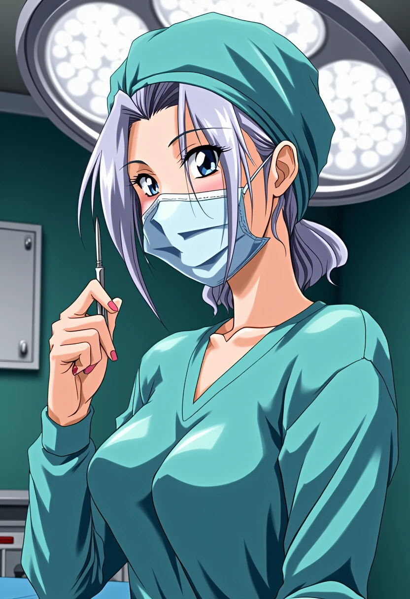 A detailed solo portrait of Midou Emiko. 
Anime style, sharp, high contrast and highly detailed., 
<lora:innai_kansen_midou_emiko_flux_v2_2-000025:0.8>,, She is wearing a full set of long-sleeved surgical attire, including a long-sleeved surgical gown, surgical cap, surgical mask, and gloves. She is looking at the viewer, holding a stainless steel scalpel close to her face. She wears a surgical mask that covers her face, and the puffy surgical cap fully wraps around her hair. The surgical gown is crew neck, with her neck exposed. Make sure she wears the cap and mask. No uncovered head, no uncovered face. The setting is a modern operating room with a clean and sterile environment. The background includes surgical equipment. A large shadowless lamp overhead. No oversized surgical gown.  Make sure her light grey hair is tugged inside the surgical cap.