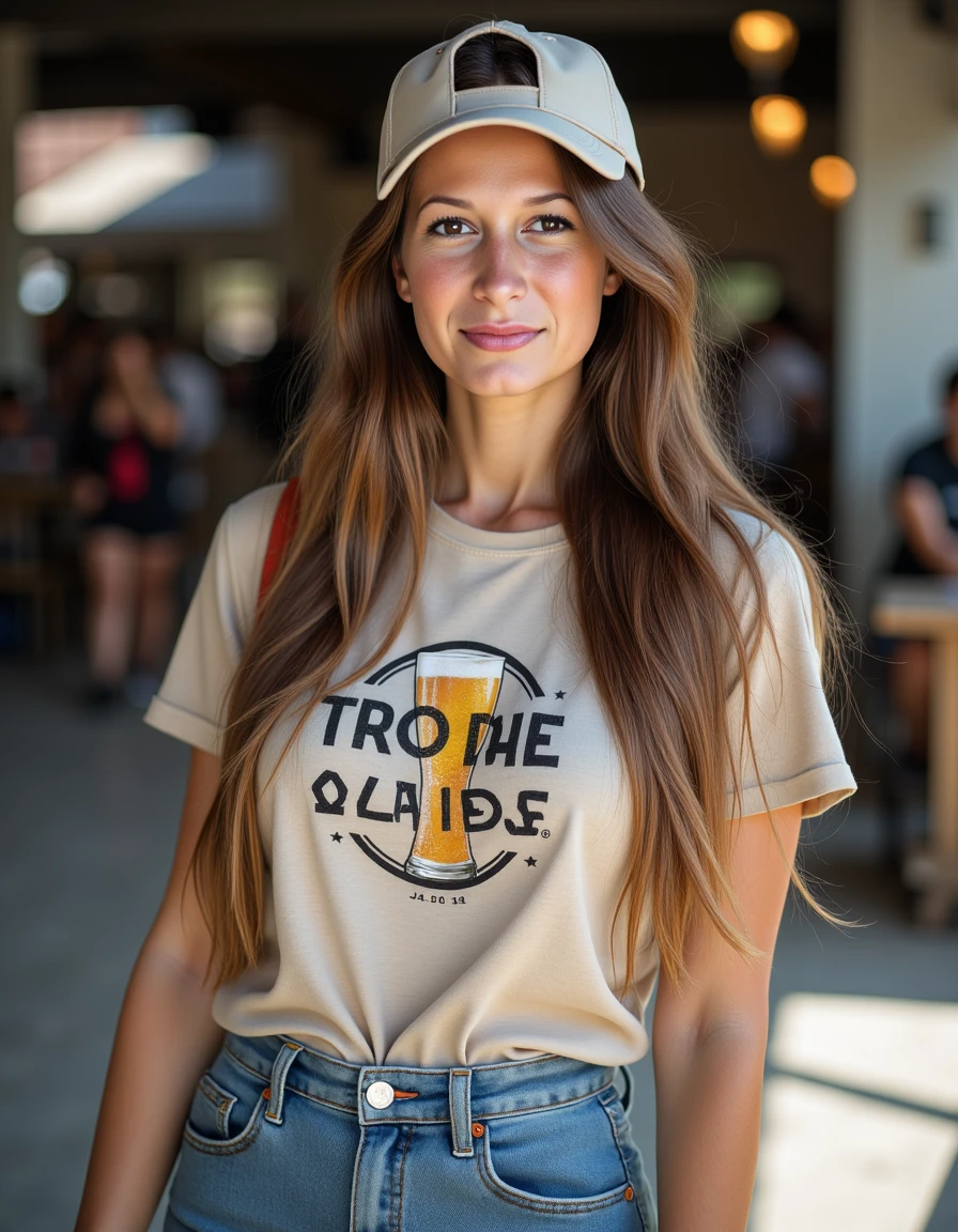 close up portrait photo of a beautiful woman, she has sleek long hair, her skin has a high detailed texture and shows details like moles, small hairs and pores and she is dressed in a laid-back brewery tour outfit with a denim skirt, a craft beer logo tee, and comfy platform sandals, topped with a casual baseball cap. Her expression is  a shy smile. With a natural lighting. <lora:shantellora-000012:1>