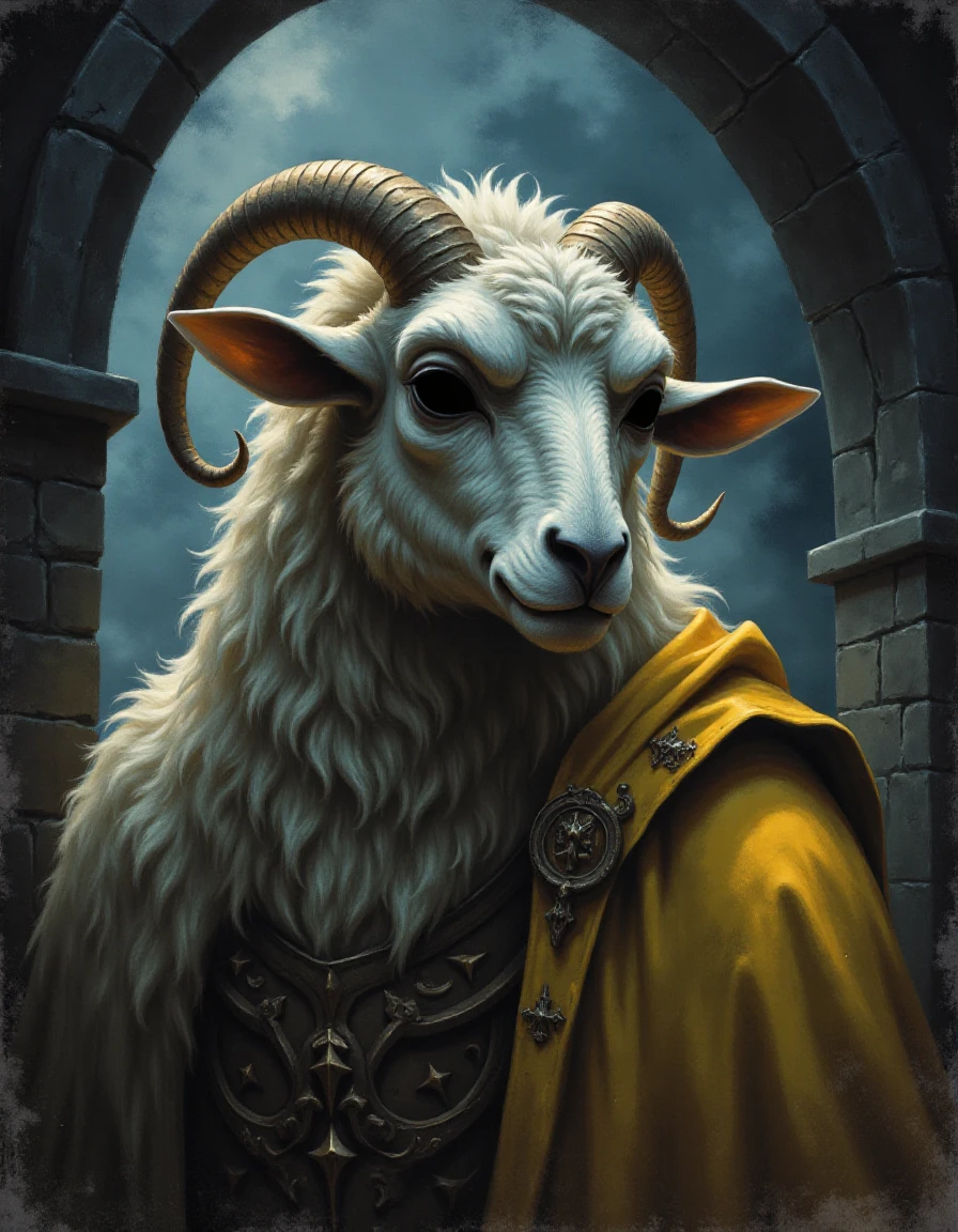 a cinematic portrait of a sheep man with black hollow eyes,dressed as a Good Paladin,we are indside of a dungeon which is built and decorated in the mixed style of watercolor painting  , Lens Flares sharp focus and Emboss Effect and Watercolor/Painting Effect , , intricate Donato Giancola and 3d render  , hard lighting and global illumination Gaussian Blur and Grain/Noise Texture and Duotone Effect , , soft borders Kay Nielsen   <lora:Hollow_Eyes_Portrait_Flux_V2:1>