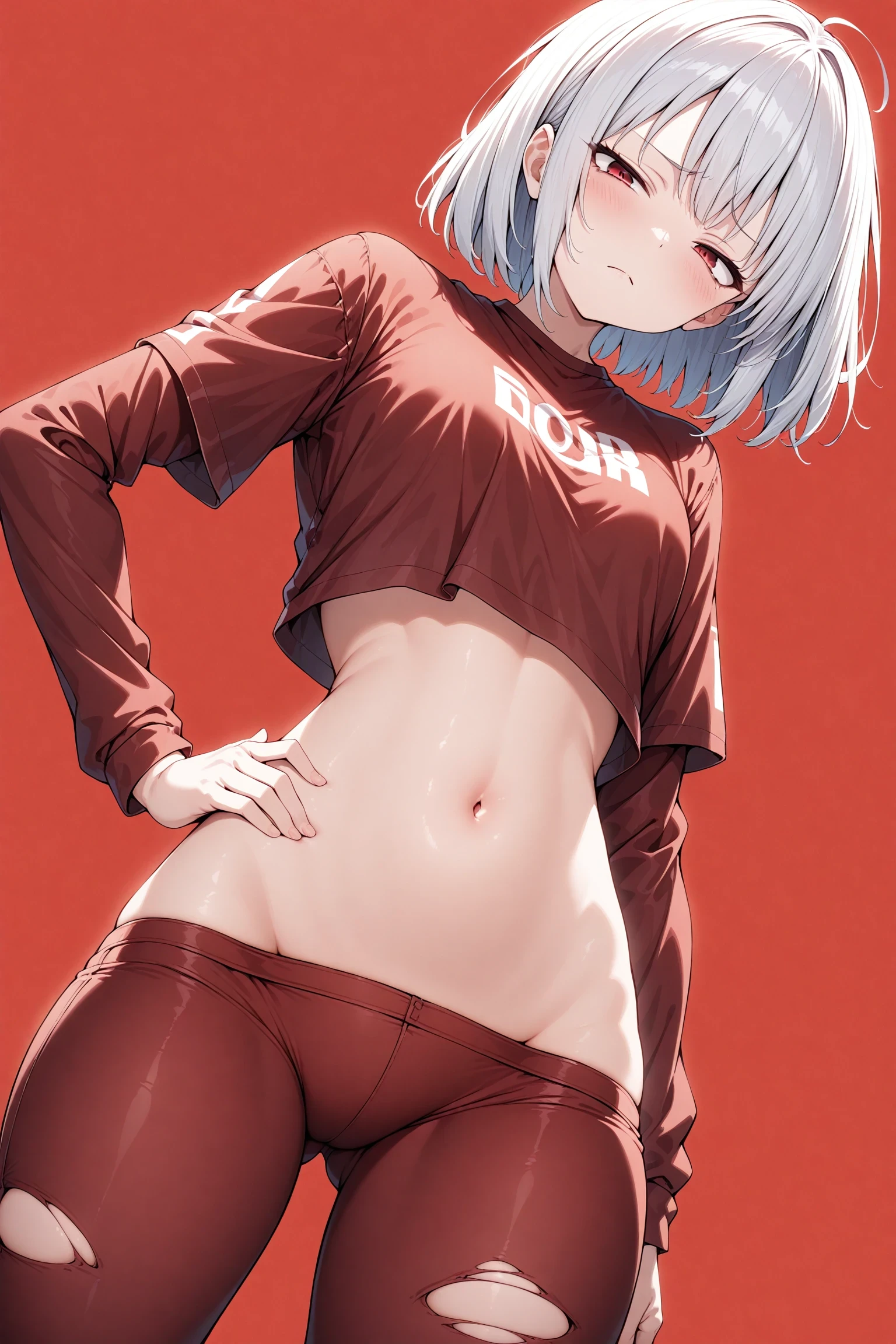 1girl, solo, dynamic angle, dynamic pose, frown, furrowed brow, half-closed eyes, hand on own hip, head tilt, long sleeves, looking at viewer, lowleg, lowleg pants, midriff, navel, pants, red background, red theme, sanpaku, short sleeves, simple background, torn clothes, torn pants, white hair, masterpiece, best quality