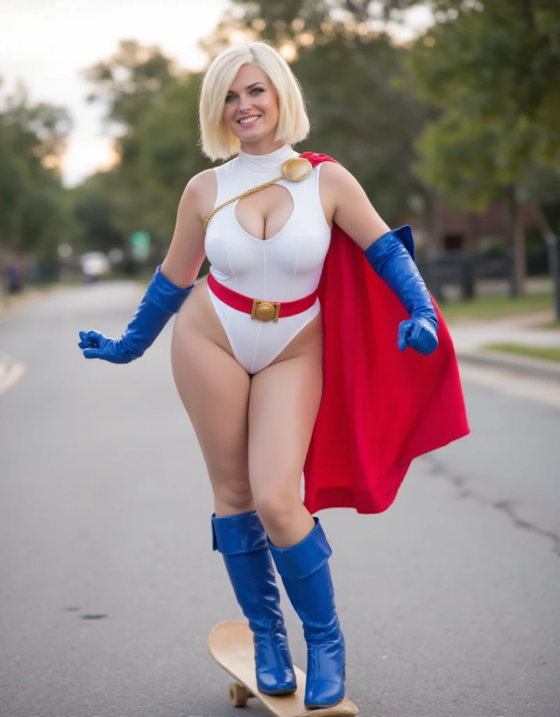 Powergirl is a blond woman wearing a white leotad with a cleavage cutout, a red cape a blue gloves and blue boots. She skateboarding fast in the street. Her cape is flying behind<lora:Powergirl:0.9>